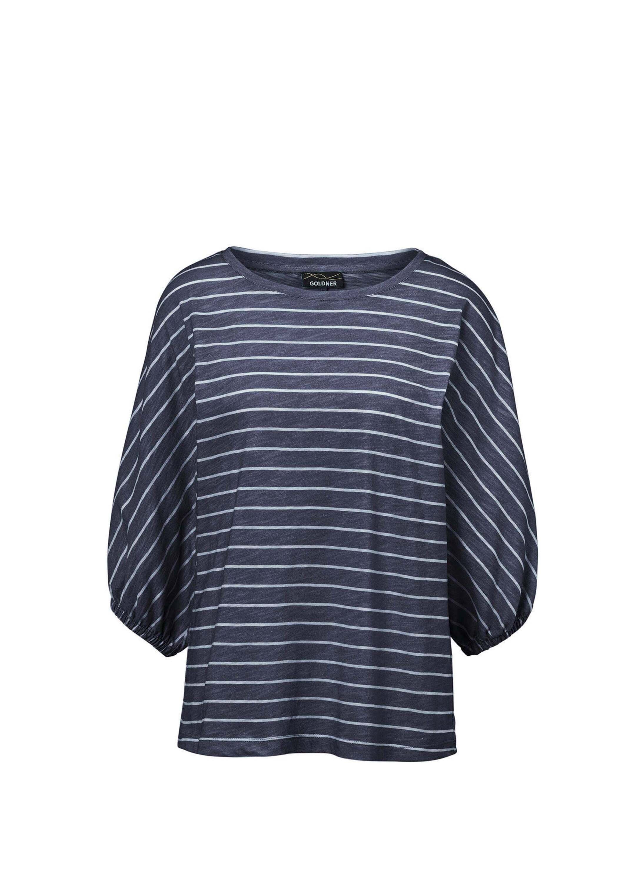 Kurzarmshirt GOLDNER "Kurzgröße Shirt aus Effektgarn", Damen, Gr. 20, blau (marine, weiß, geringelt), Obermaterial: 100% Baumwolle CO., Gummizug, Shirts, Fledermausärmel