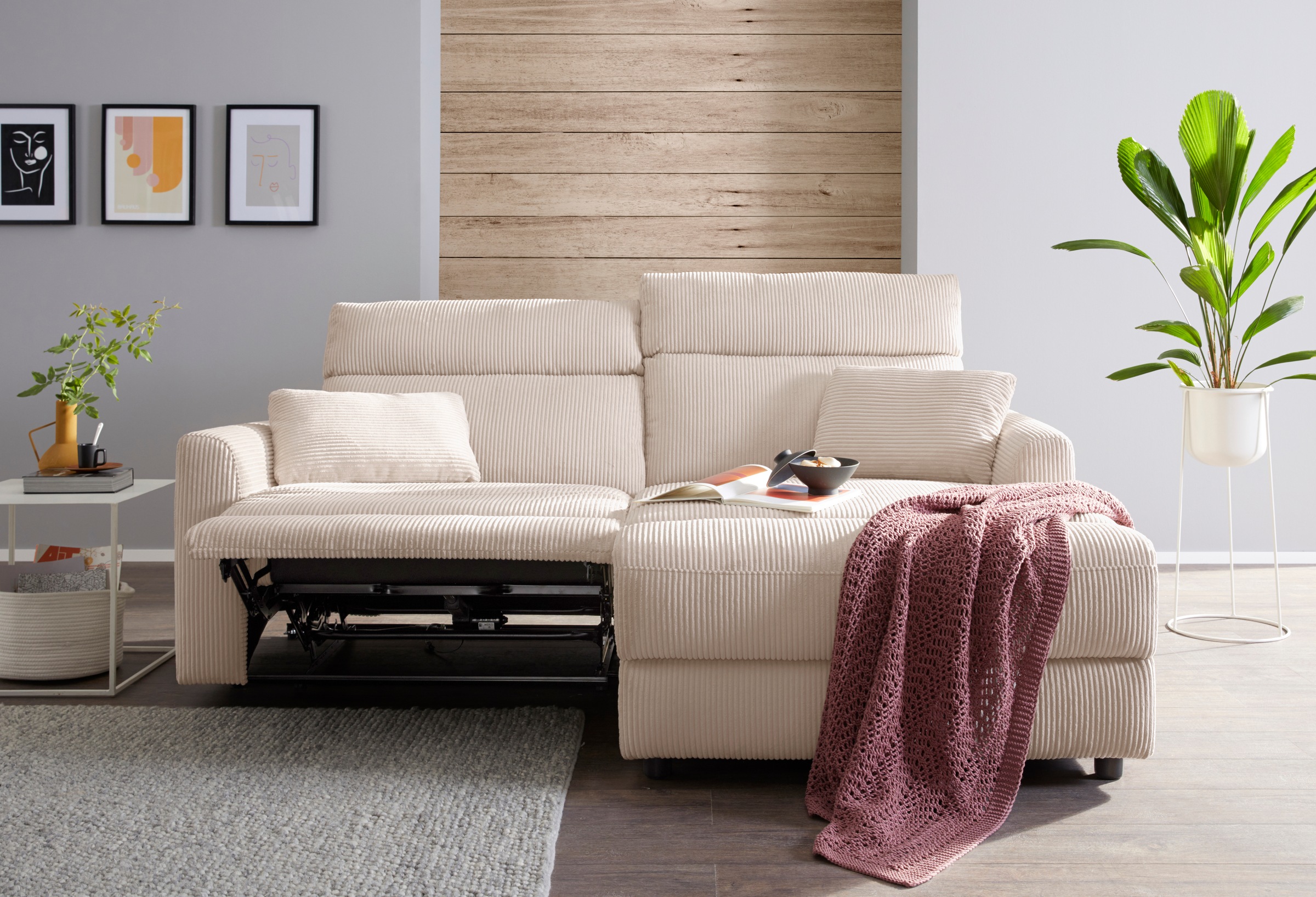 INOSIGN Ecksofa »JENNA, L-Form, 209cm, manuelle u. elektrische Funktion, mit USB A/C,«, Liegefunktion 105°-150°, Federkern, Cord