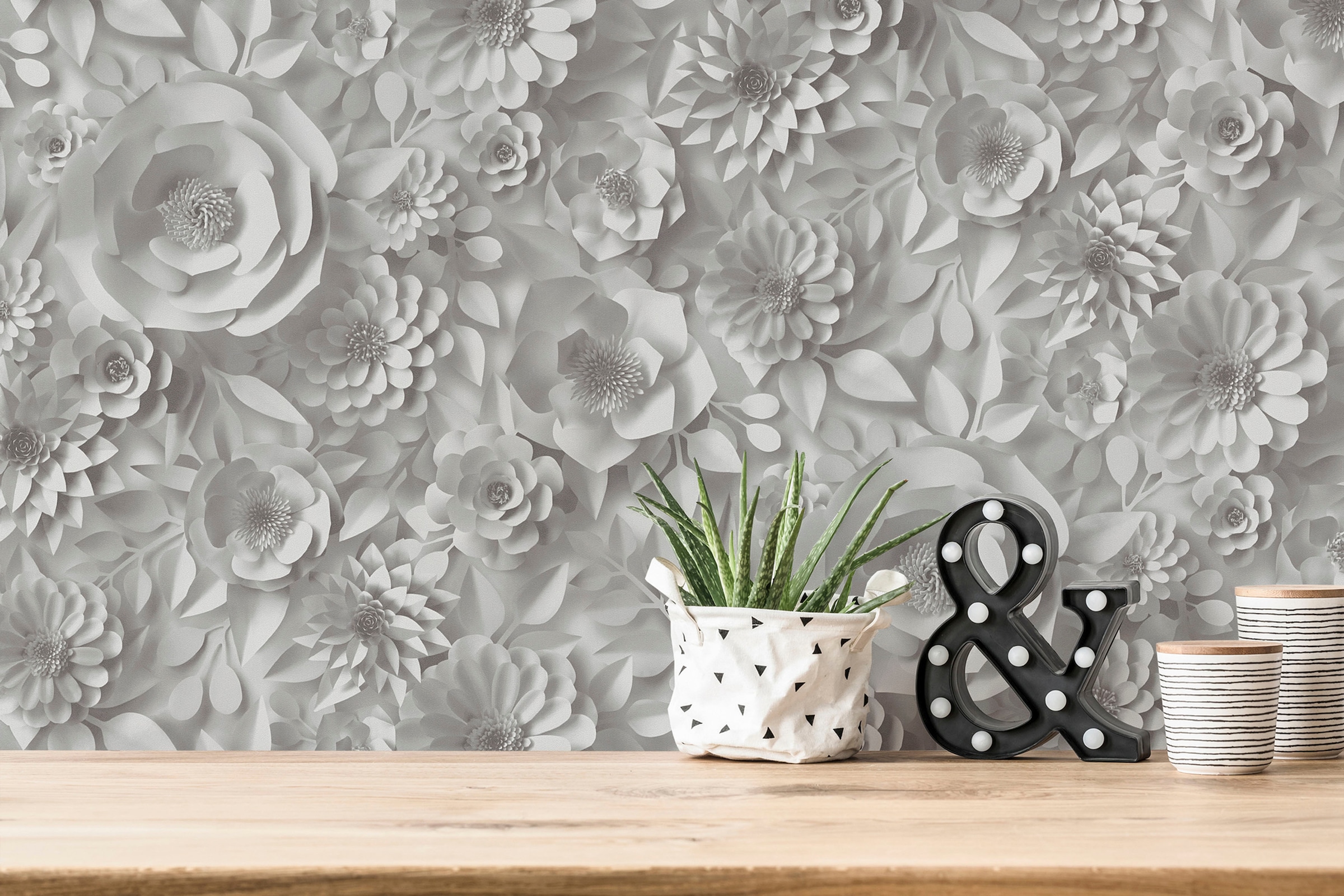 A.S. Création Vliestapete »PintWalls Blumen 3D Optik«, matt-gemustert-neutral, Blumenwand Tapeten Wohnzimmer Schlafzimmer Küche modern Flur Design