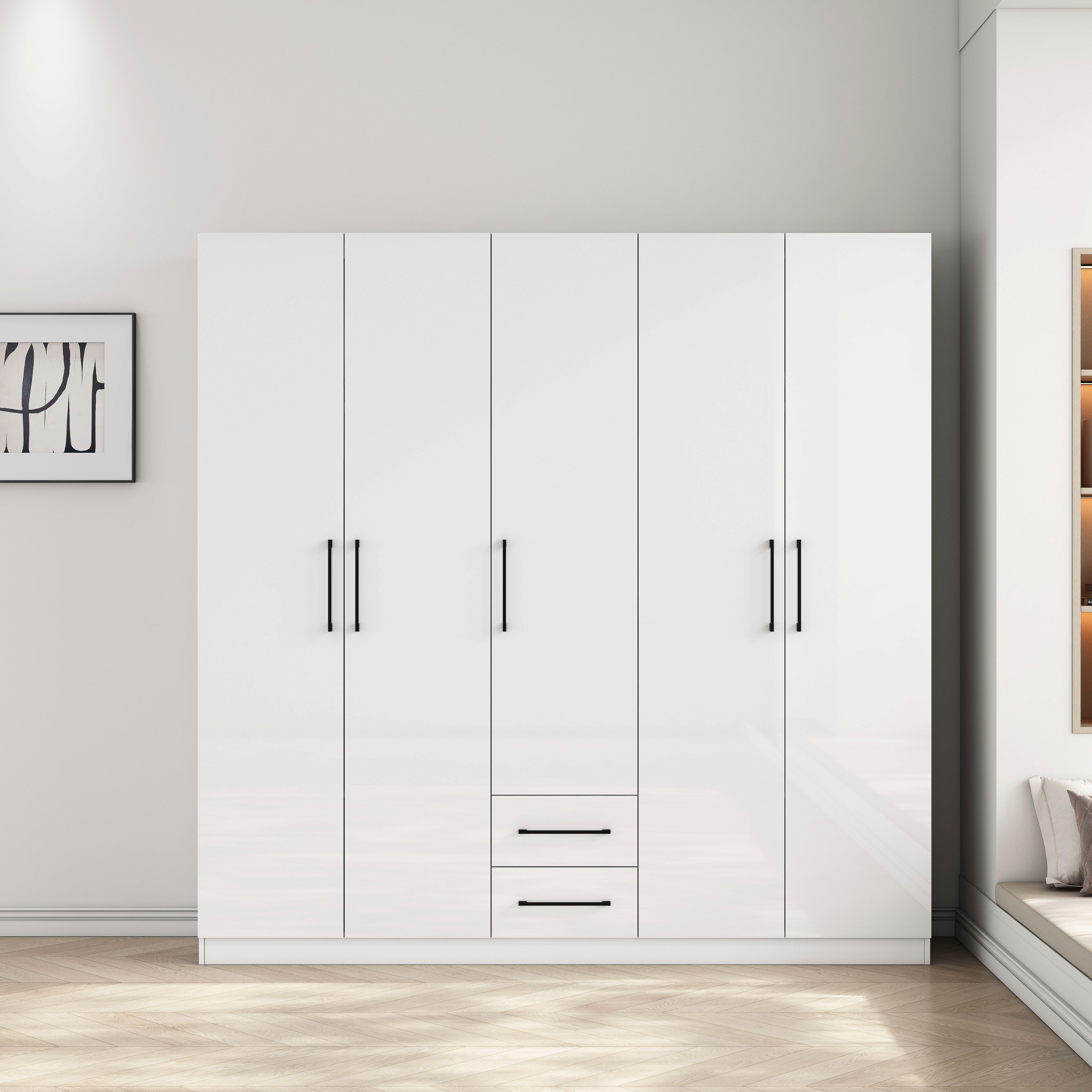 OTTO home Kleiderschrank "Sylt Schlafzimmerschrank Garderobe Schrank in hochglanz weiß" 5 Türen, 2 Schubladen, schwarze moderne Griffe, 7 Einlegeböden, Drehtürenschrank mit perfekter Innenausstattung, Breite 200cm