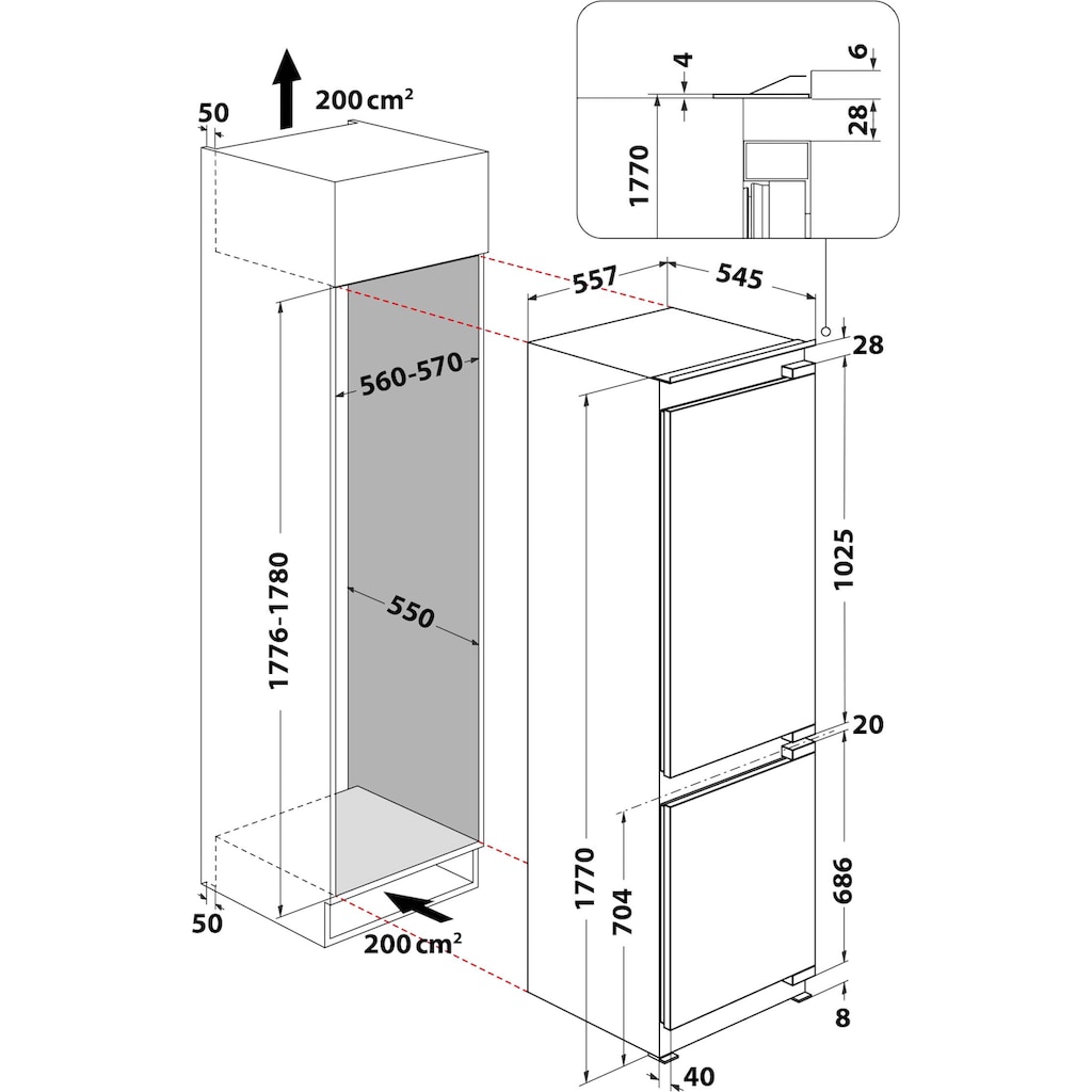 BAUKNECHT Einbaukühlgefrierkombination »KGITN 18F2 M«, KGITN 18F2 M, 177 cm hoch, 55,7 cm breit