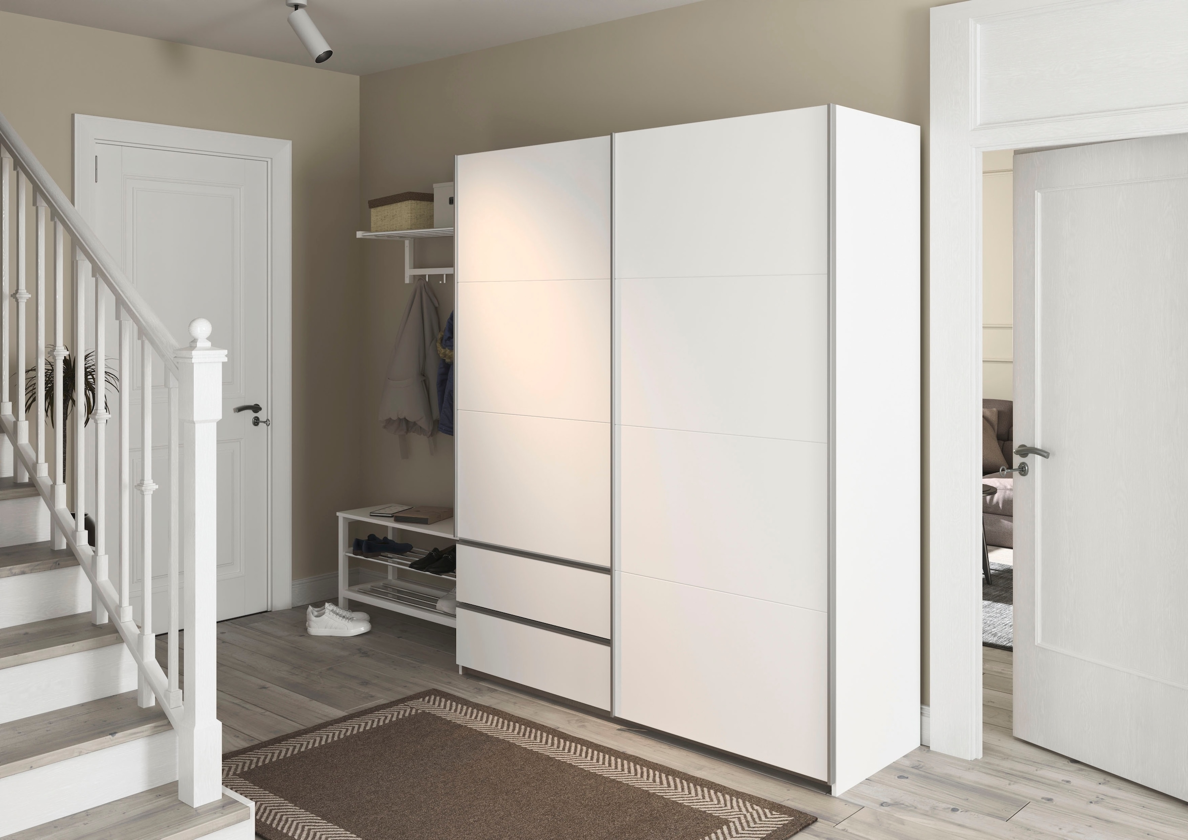 rauch Schwebetürenschrank »Kleiderschrank Schrank Garderobe Wäscheschrank SEVILLA«, (in 3 verschiedenen Ausstattungen BASIC/CLASSIC/PREMIUM), Metall-Griffleisten alufarben oder Graumetallic MADE IN GERMANY