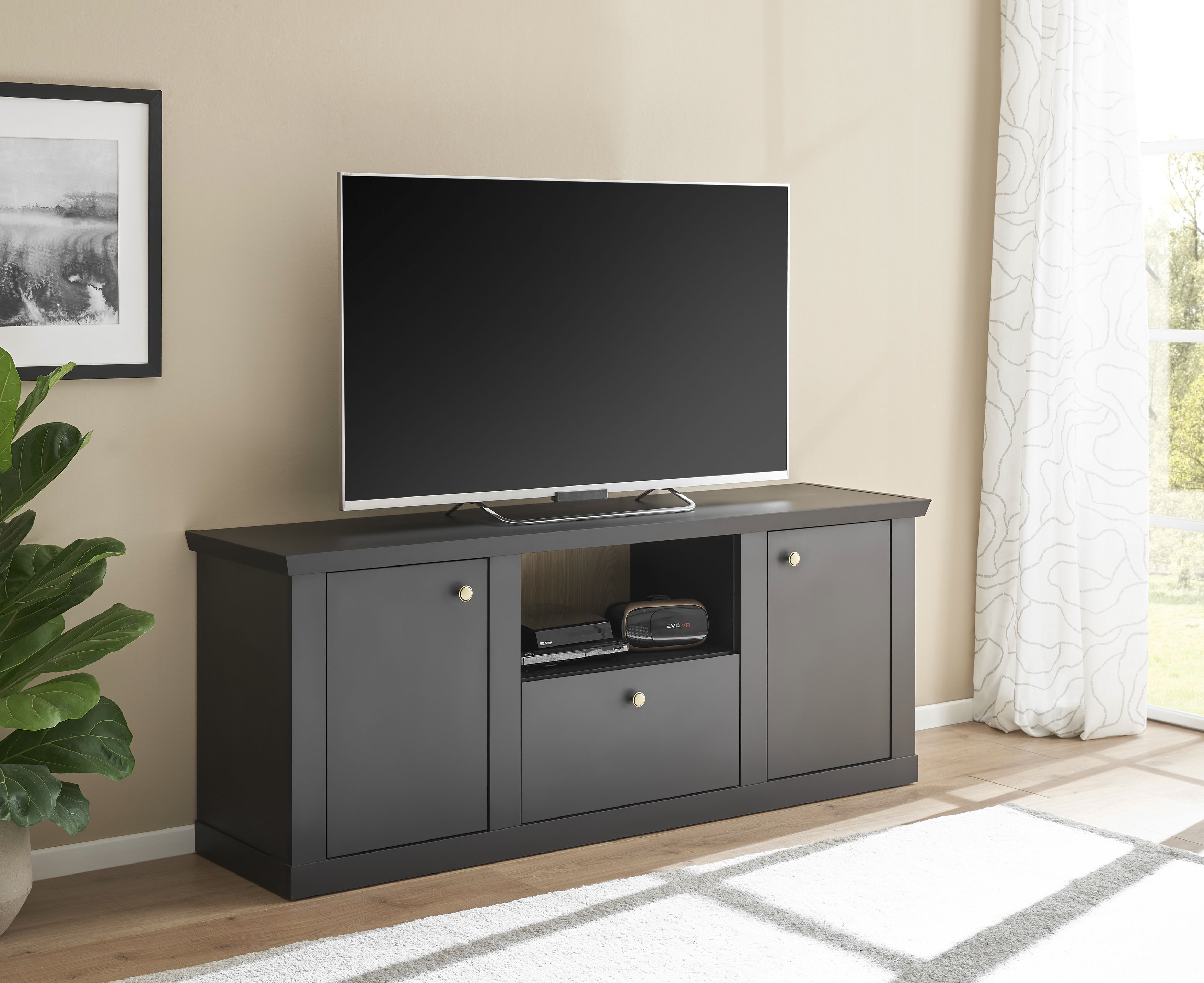 Home affaire Lowboard "Lincoln, moderner TV-Schrank, schwarze Kommode, TV-Unterschrank" edles Design, messingfarbene Knopfgriffe, in 2 Größen verfügbar