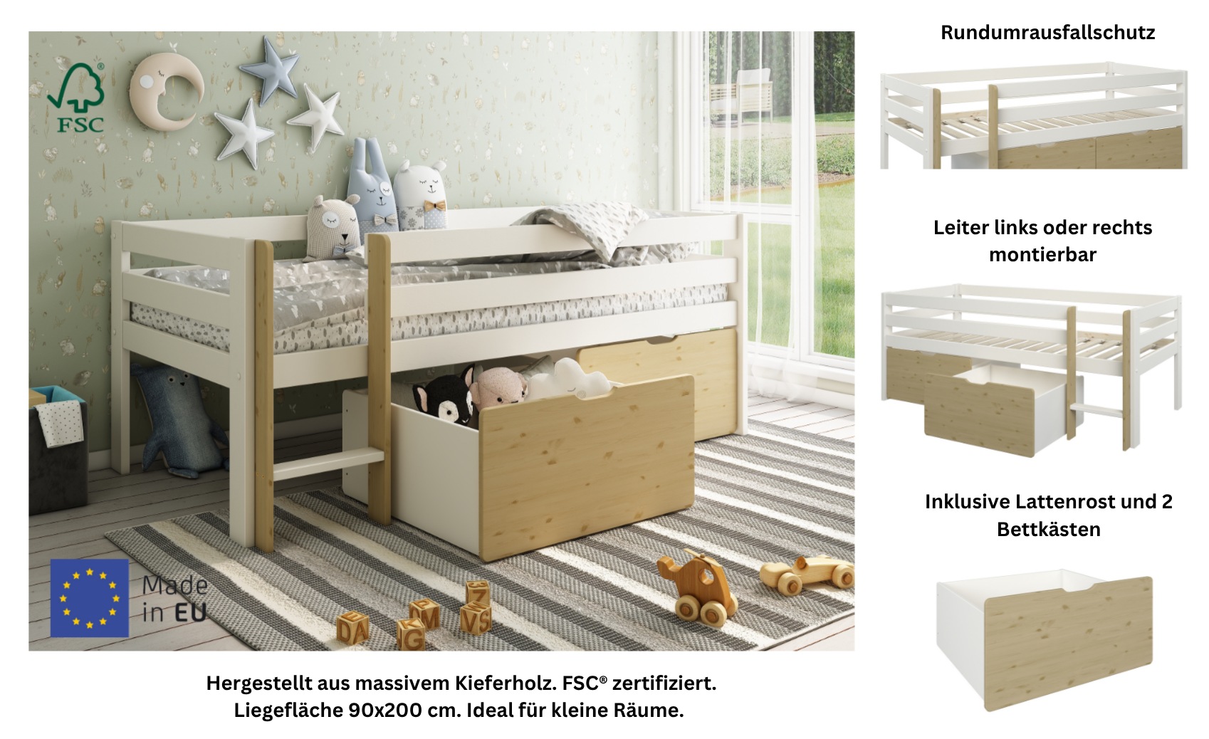 OTTO home Kinderbett »Tide« Kinderbett inklusive Lattenrost und 2 Bettkästen, 4 tlg. inklusive 2 Bettschubkastensten für Spielzeug, Rundumrausfallschutz
