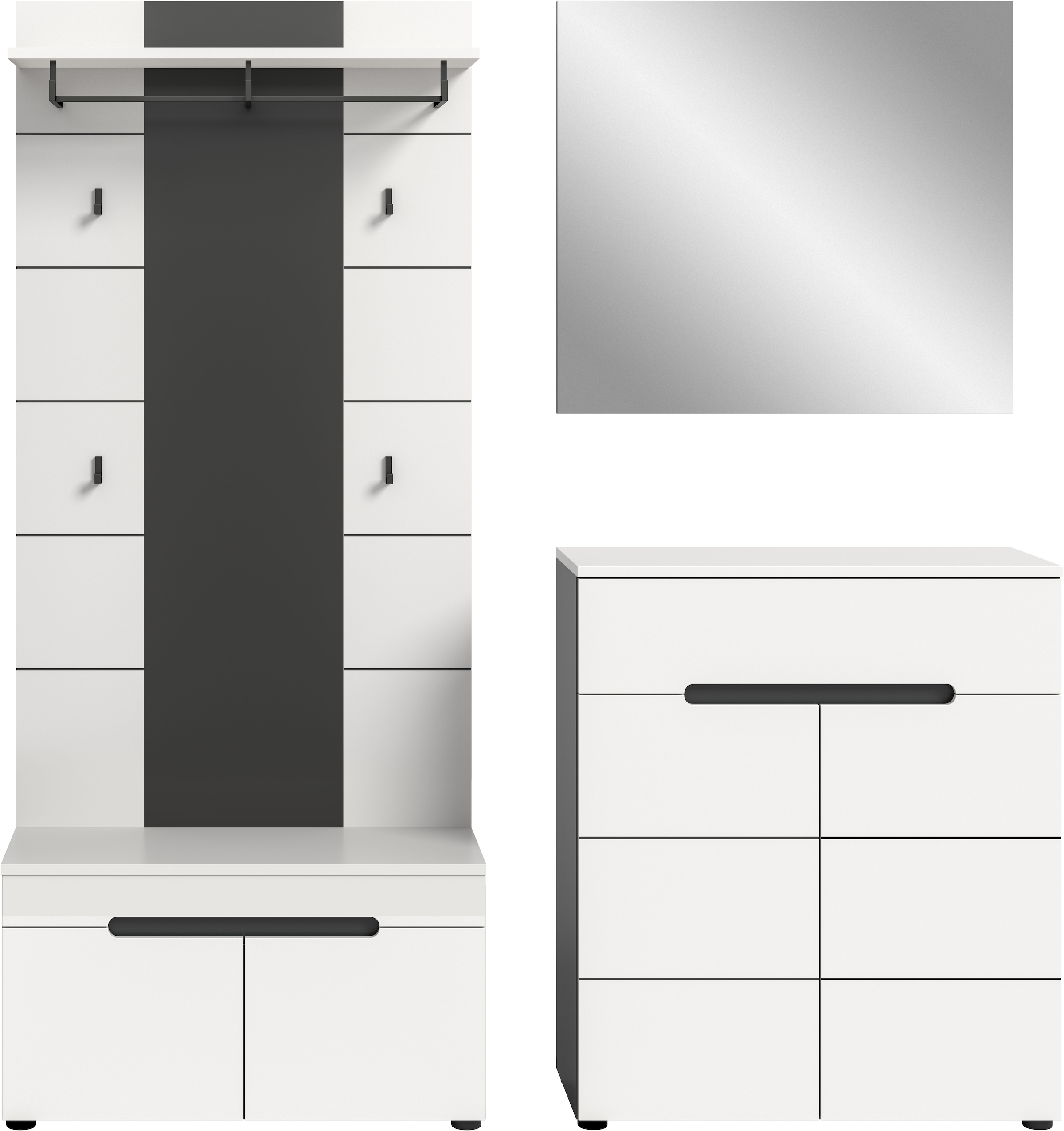 INOSIGN Garderoben-Set, (Set, 4 St., bestehend aus: Sitzbank, Paneel, Spiegel und Kommode), Garderobenkombination, Kombination, Set, Flurgarderobe, Diele