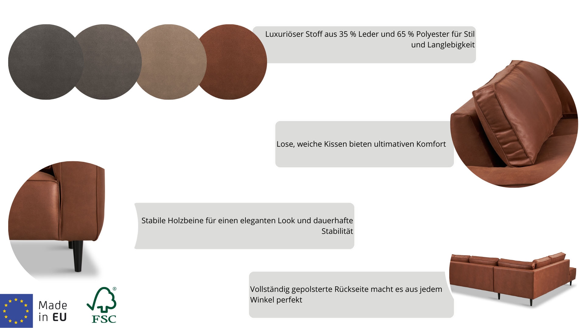 Places of Style Ecksofa »Fumone, Lederoptik oder Soft-Touch Chenille«, Breite 260, mit schwarzen Massivholzfüßen