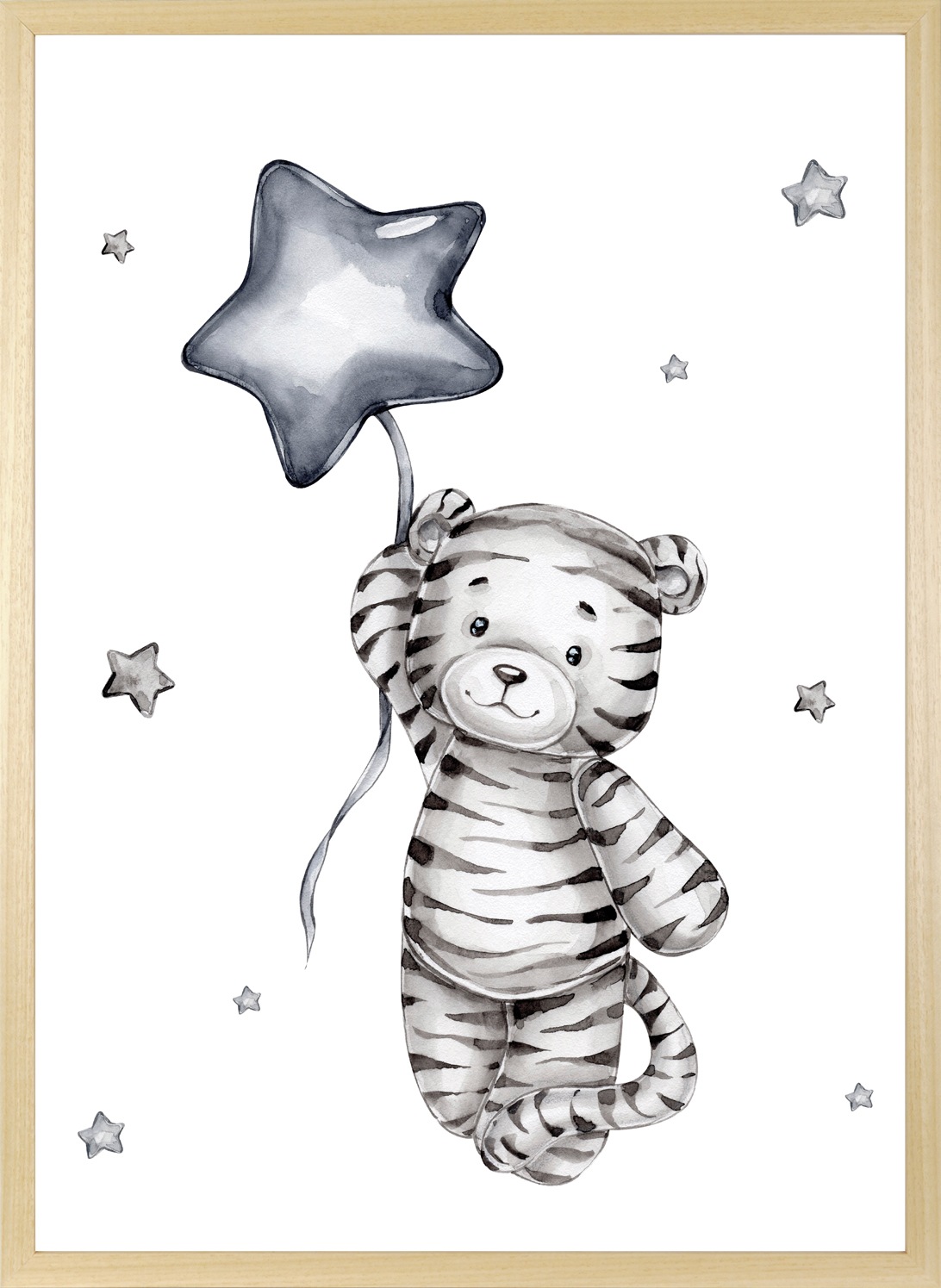 queence Bild mit Rahmen »Kleiner Tiger mit Ballon«, Bilder vom Sternenhimmel-Himmel-Himmelsbilder-Leopard-Luftballon-Stern-Sterne-Tiere, (1 St.), HD Premium Posterdruck mit Echtholzrahmen
