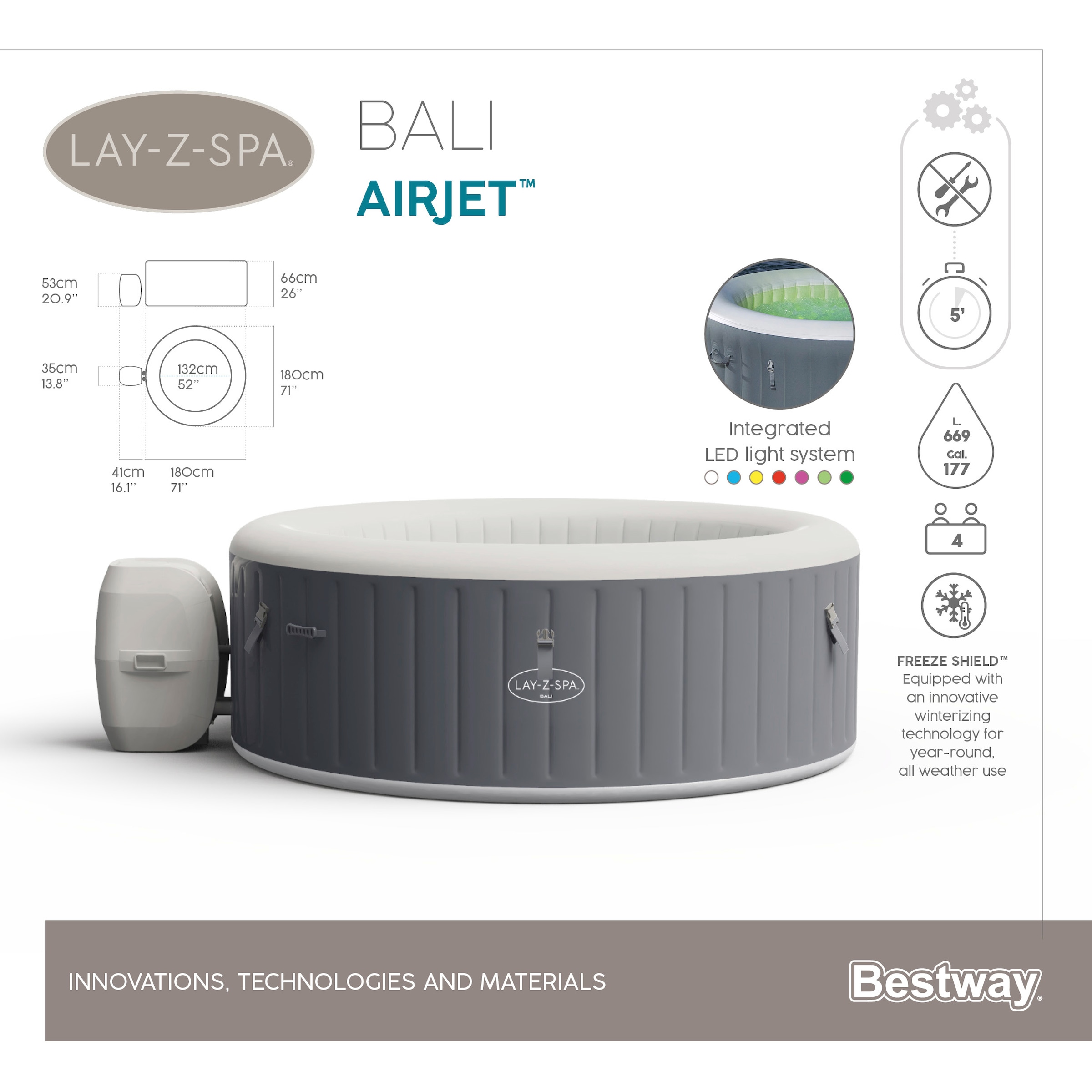 Bestway Whirlpool »LAY-Z-SPA® LED-Bali AirJet™«, ØxH: 180x66 cm, für bis zu 4 Personen
