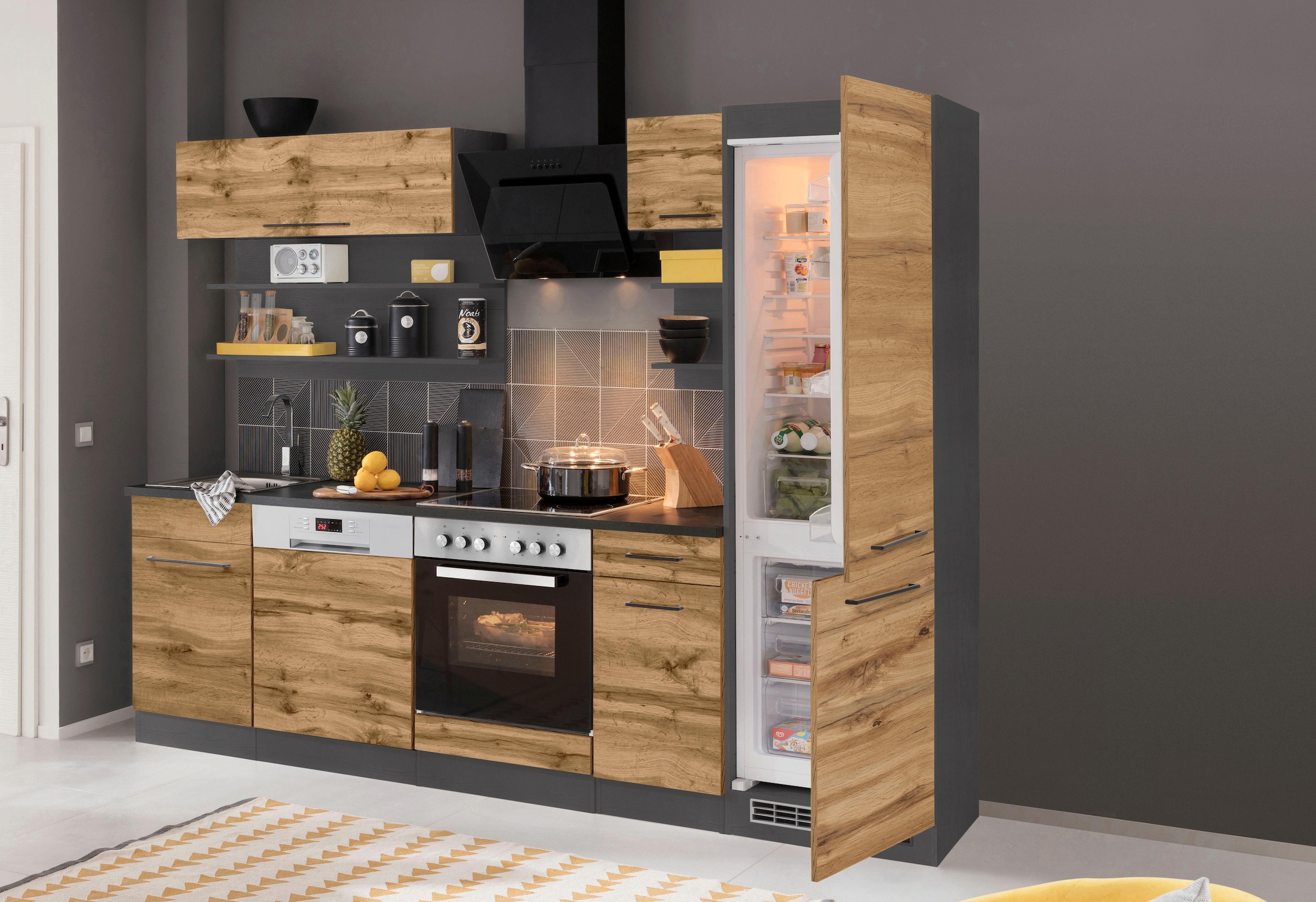 KOCHSTATION Küchenzeile »KS-Tulsa« mit E-Geräten, Breite 270 cm, schwarze Metallgriffe, MDF Fronten