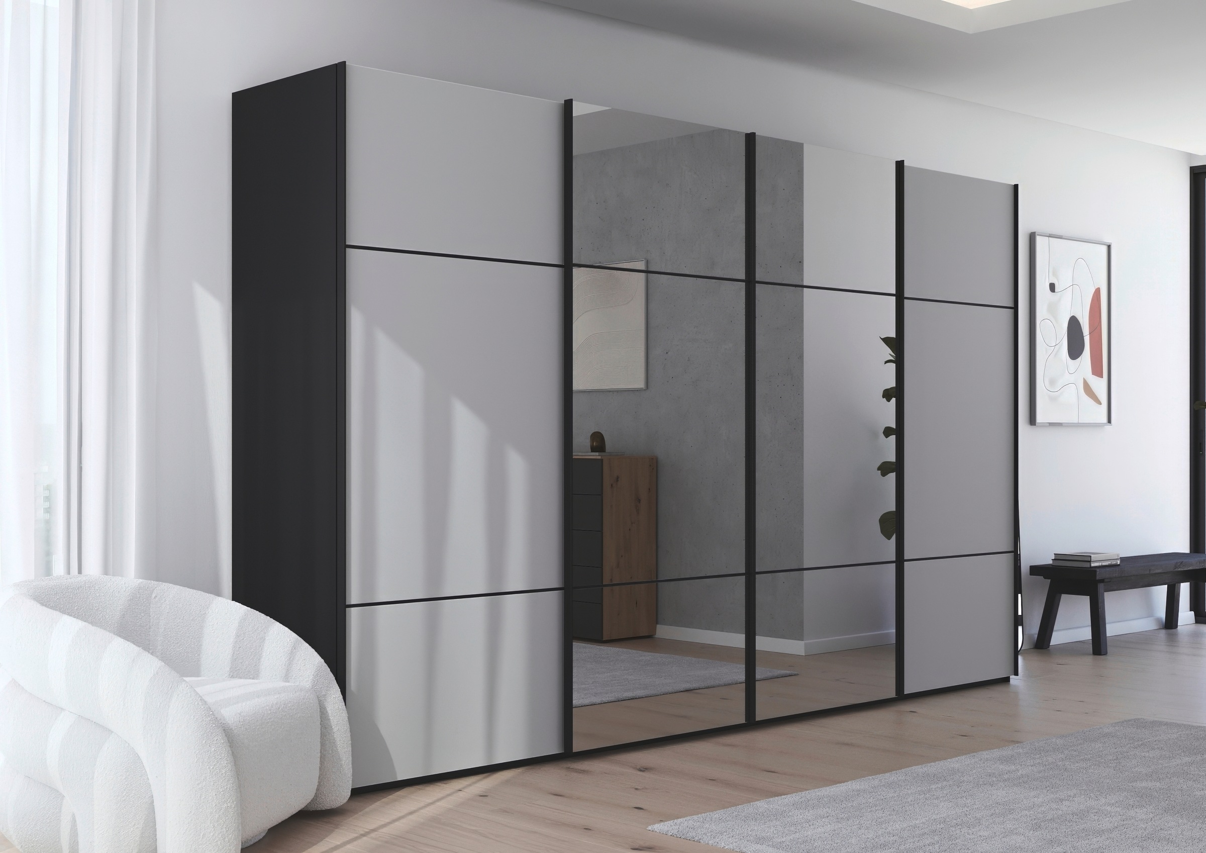 rauch Schwebetürenschrank »Kleiderschrank Schrank Garderobe Schlafzimmerschrank SCALE-TRIO«, edle dreigeteilte Front mit 2 Zierleisten Spiegel/Glas MADE IN GERMANY