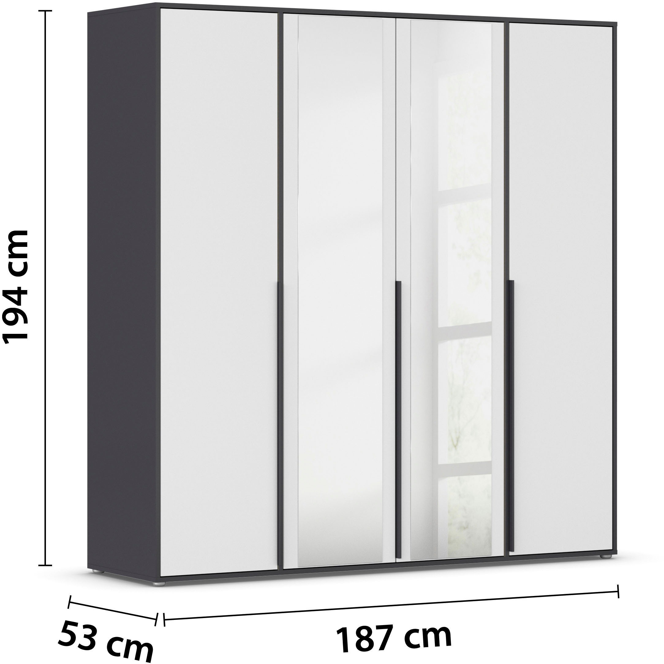 rauch Drehtürenschrank »Kleiderschrank Schrank Garderobe Wäscheschrank NAGATA mit Spiegel«, (in 3 verschiedenen Ausstattungen BASIC/CLASSIC/PREMIUM), und modernen Stangengriffen in Graumetallic TOPSELLER MADE IN GERMANY