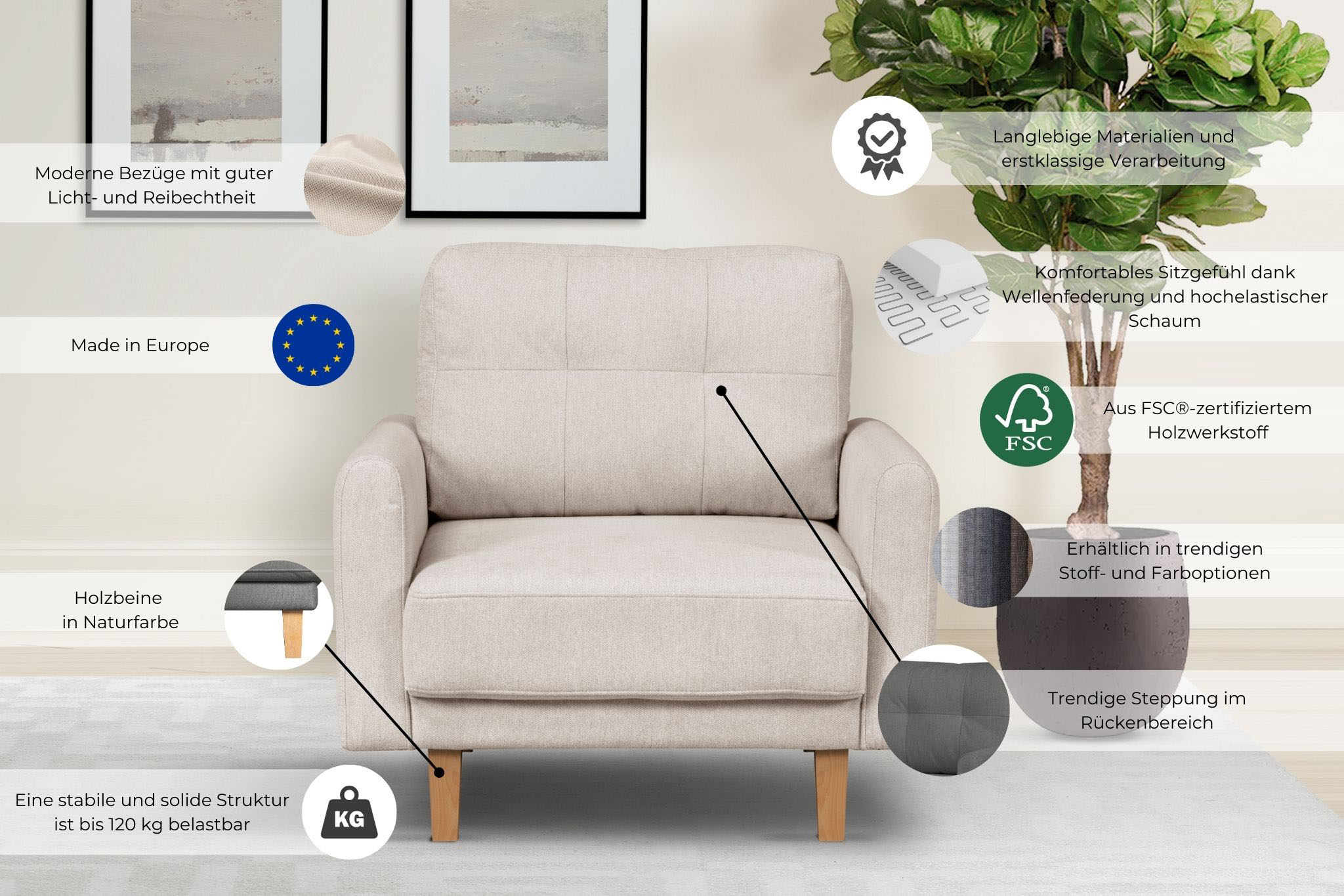Thumbnail - Home affaire Sessel "TRIPLO Relaxsessel mit Wellenunterfederung, Maße B/T/H: 95/100/89 cm", Polstersessel mit Steppung i...