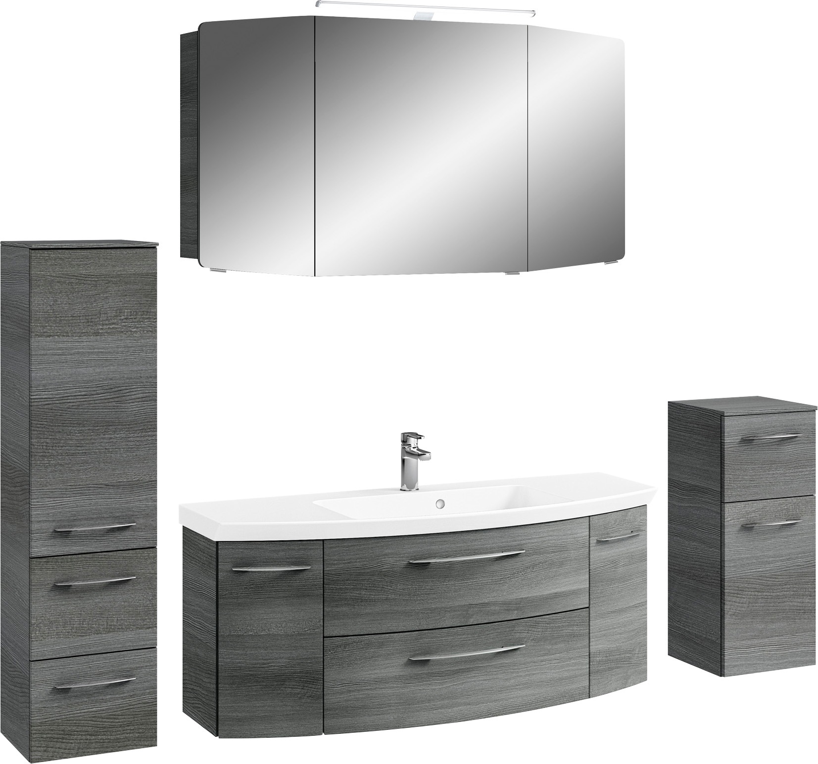 Saphir Badmöbel-Set »Cassca Sprint 4-teilig Mineralmarmor-Waschtisch mit LED-Spiegelschrank«, (5 St.), Midischrank, Unterschrank, inkl. Türdämpfer, 7 Türen, 5 Schubladen