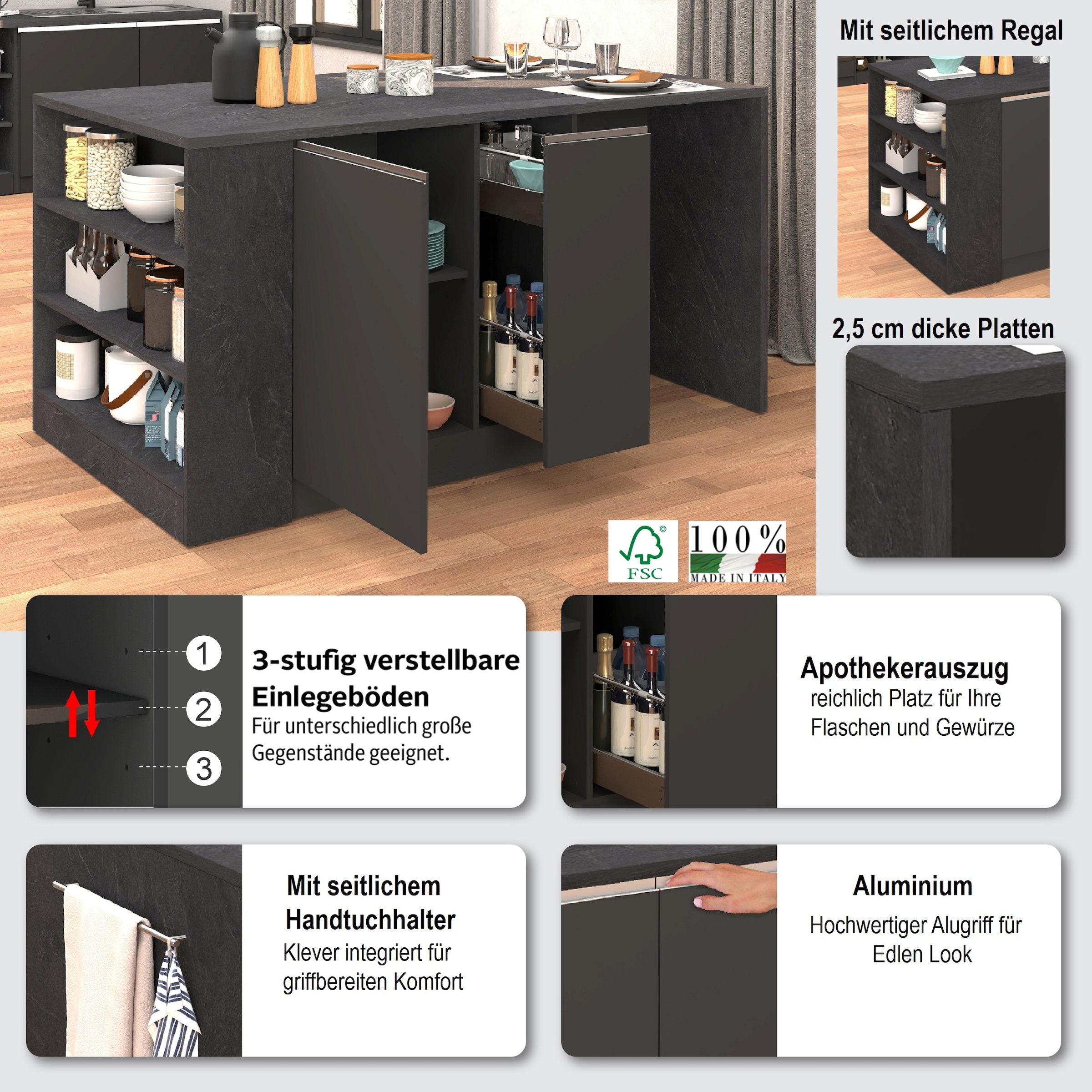 KOCHSTATION Kücheninsel »KS-Sole, Kochinsel, Küchenarbeitsblock, Arbeitsinsel, Made in Italy« Breite 167,5 cm, 2 Apothekerauszüge, 2 Essplätze, 1 offenes Regal