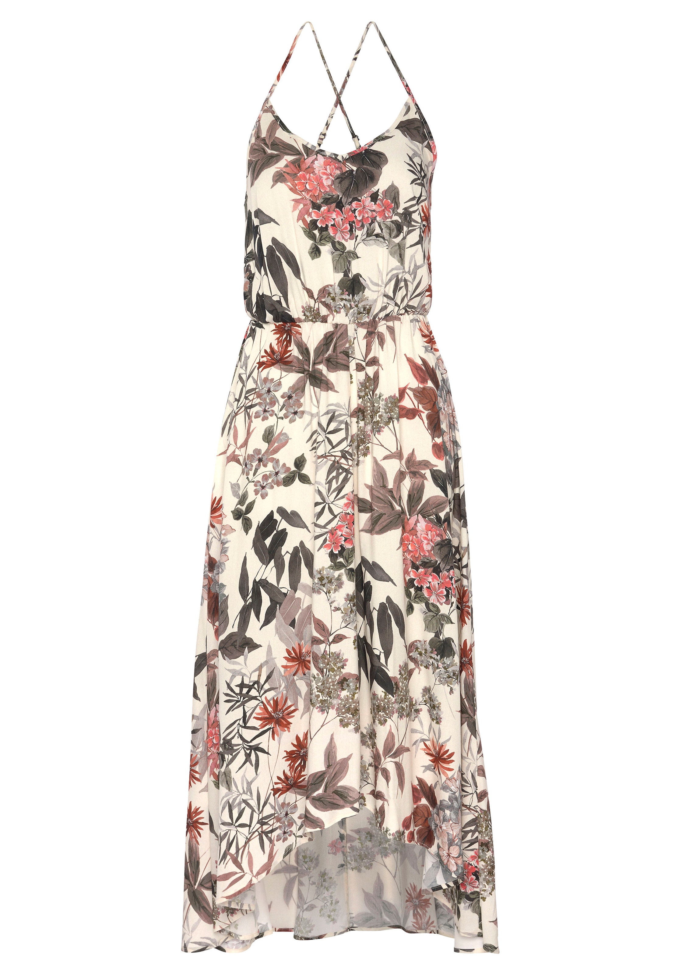 LASCANA Maxikleid, mit Blumenprint, leichtes Sommerkleid im Vokuhila-Stil, günstig online kaufen