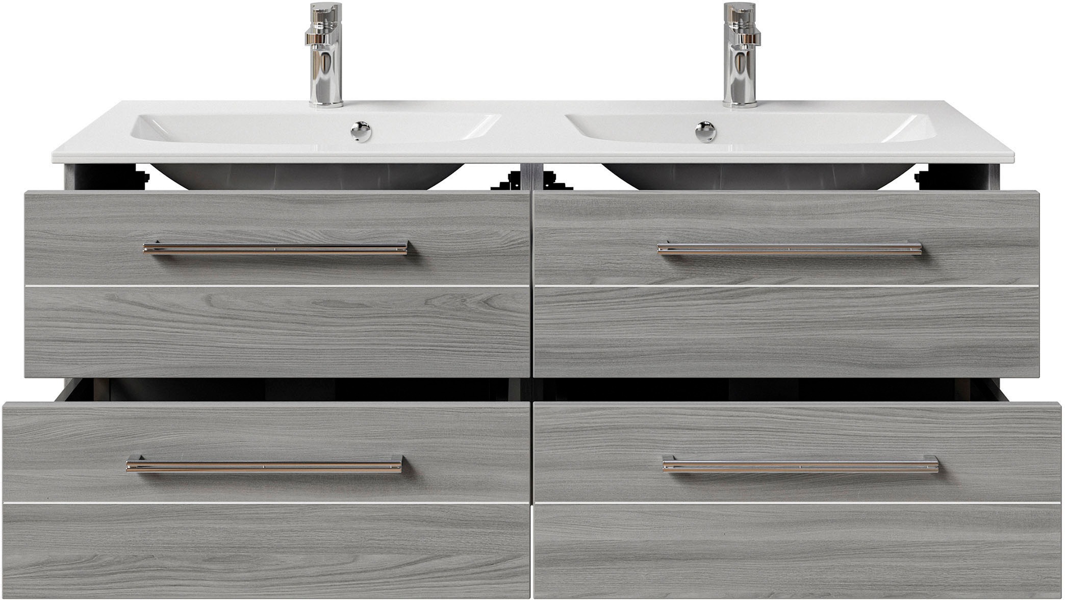 Saphir Badmöbel-Set »Serie 6025 2-teilig Mineralmarmor-Waschtisch mit LED-Spiegelschrank«, (2 St.), Waschplatz 132cm breit, 4 Schubladen, 2 Spiegel-Türen, inkl Türdämpfer