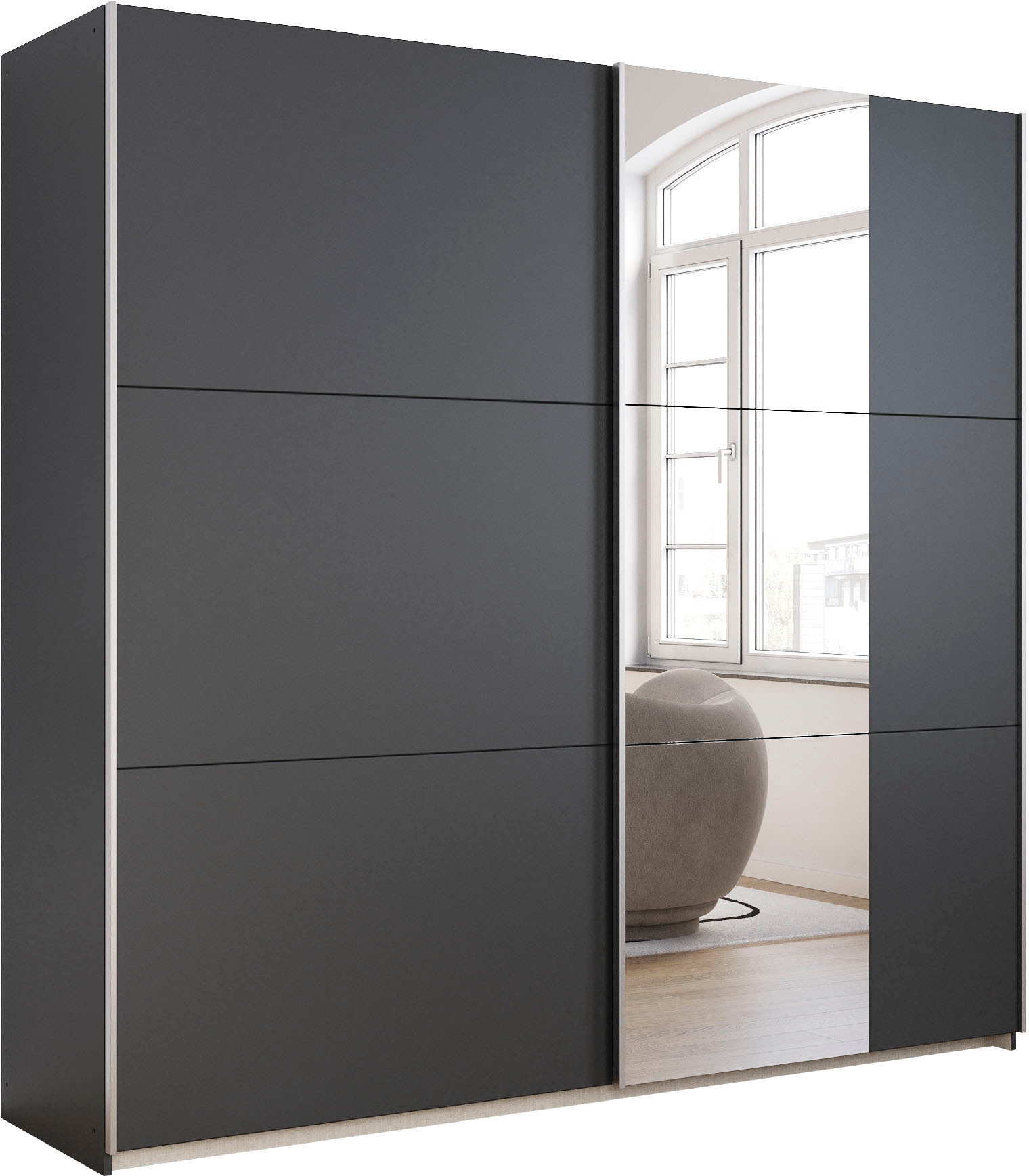 rauch Schwebetürenschrank "Kleiderschrank Drehtürenschrank Schrank Garderobe KRONACH" in 3 Ausstattungen BASIC/CLASSIC/PREMIUM, Breiten 131/175/218/261 cm, optional ohne, mit 1 oder 2 Spiegel, viel Stauraum MADE IN GERMANY
