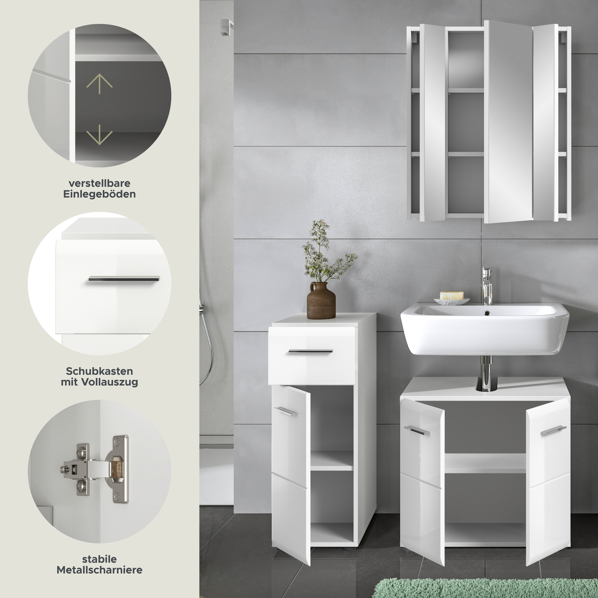 INOSIGN Badmöbel-Set »FLORENZ, TOPSELLER!, 3-teilige Badkombination, hochwertige MDF-Front«, (best. aus: 1 Unterschrank, 1 Waschbeckenunterschrank, 1 Spiegelschrank), Bad-Kombination, Bad-Möbel, Badezimmer, Kombination, Kombi