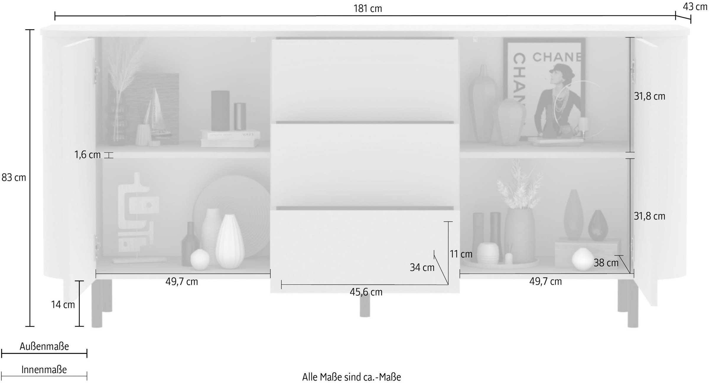 INOSIGN Sideboard »Lido, 181 cm breit, 2 Türen, 3 Schubkästen, Kommode, Stauraumschrank« Formgebogenes MDF, Stirnseiten mit Rundung, Push-to-open, Metallfüße