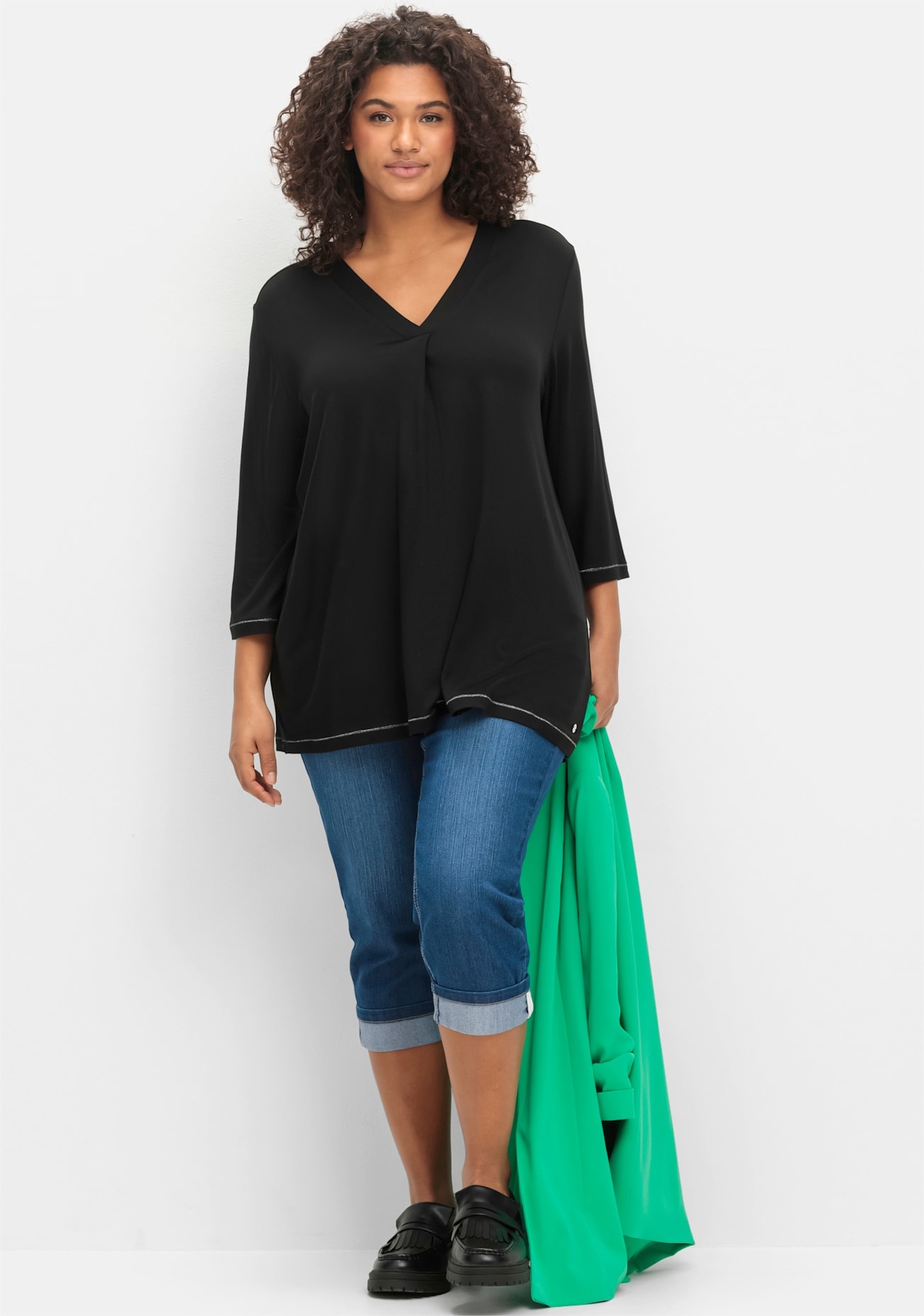 SHEEGO Damen 3/4-Arm-Shirt "3/4-Arm-Shirt", schwarz, Gr. 52, unifarben, 63% Lyocell TENCEL , 31% Bambus, 6% Elasthan, Shirts