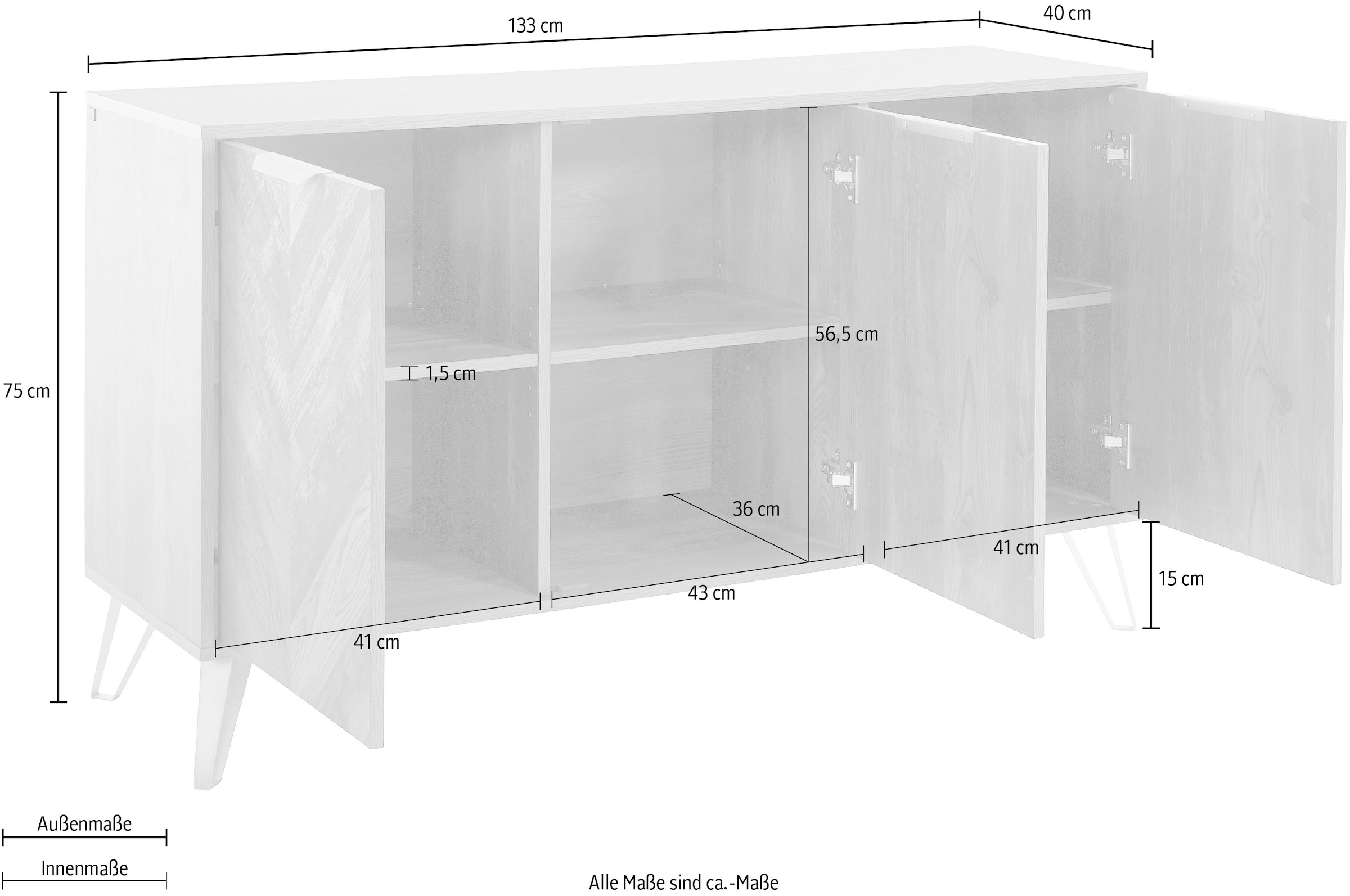 Leonique Sideboard »Nanterie«, aus einer edlen Holzoptik, exklusives Fischgrätenmuster, Breite 133 cm