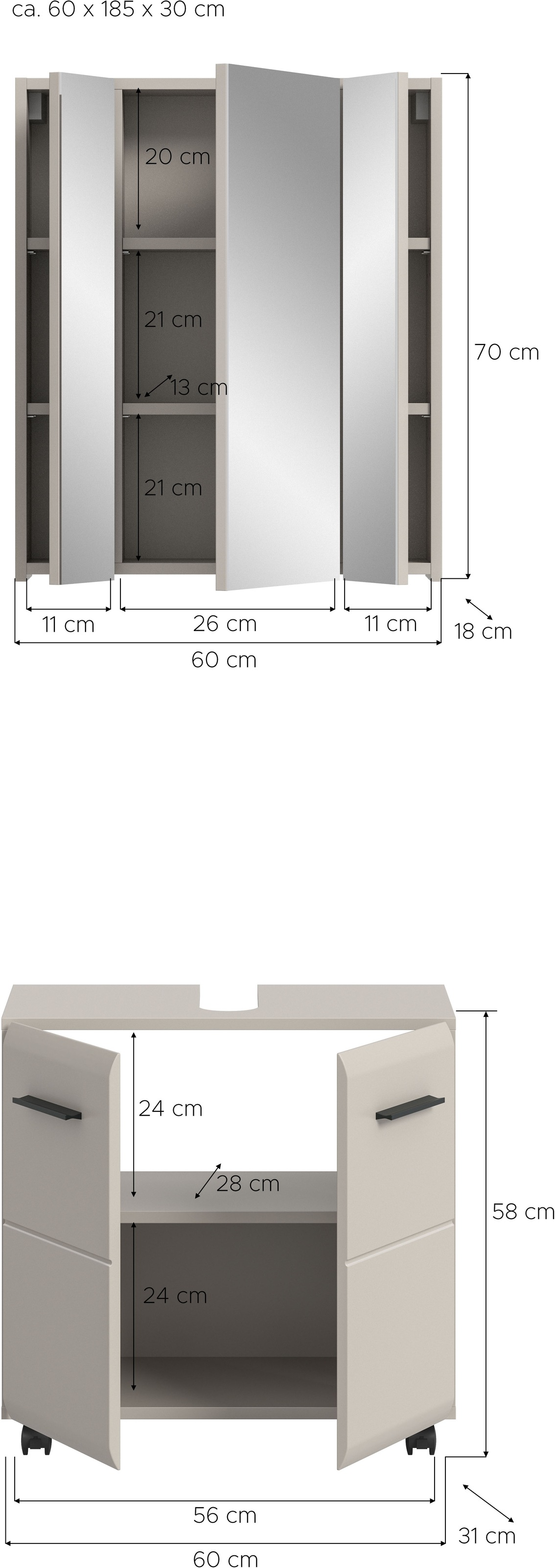 INOSIGN Badmöbel-Set »FLORENZ, 2-tlg. Bad-Kombination, hochwertige MDF-Front« best. aus: 1 Spiegelschrank, 1 Waschbeckenunterschrank, 3 Stk. tlg.