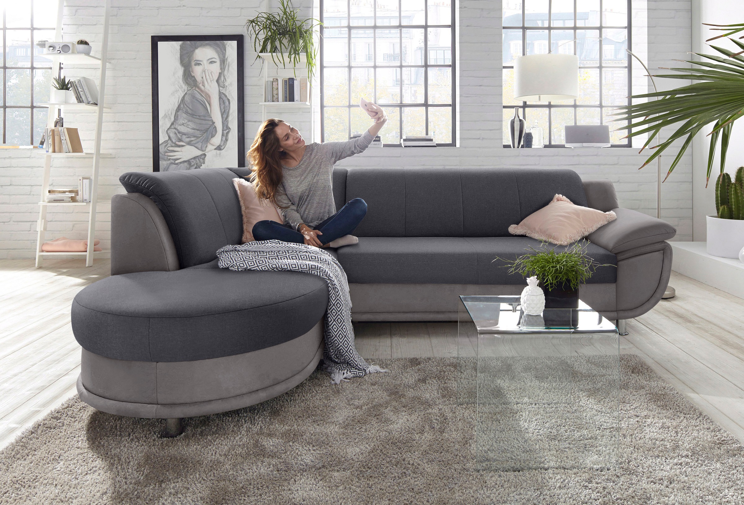 TRENDMANUFAKTUR Ecksofa »Rondo 3, zeitlos und bequem, Materialmix, breite Armlehnen, L-Form«, wahlweise mit Federkern für mehr Komfort, wahlweise mit Bettfunktion