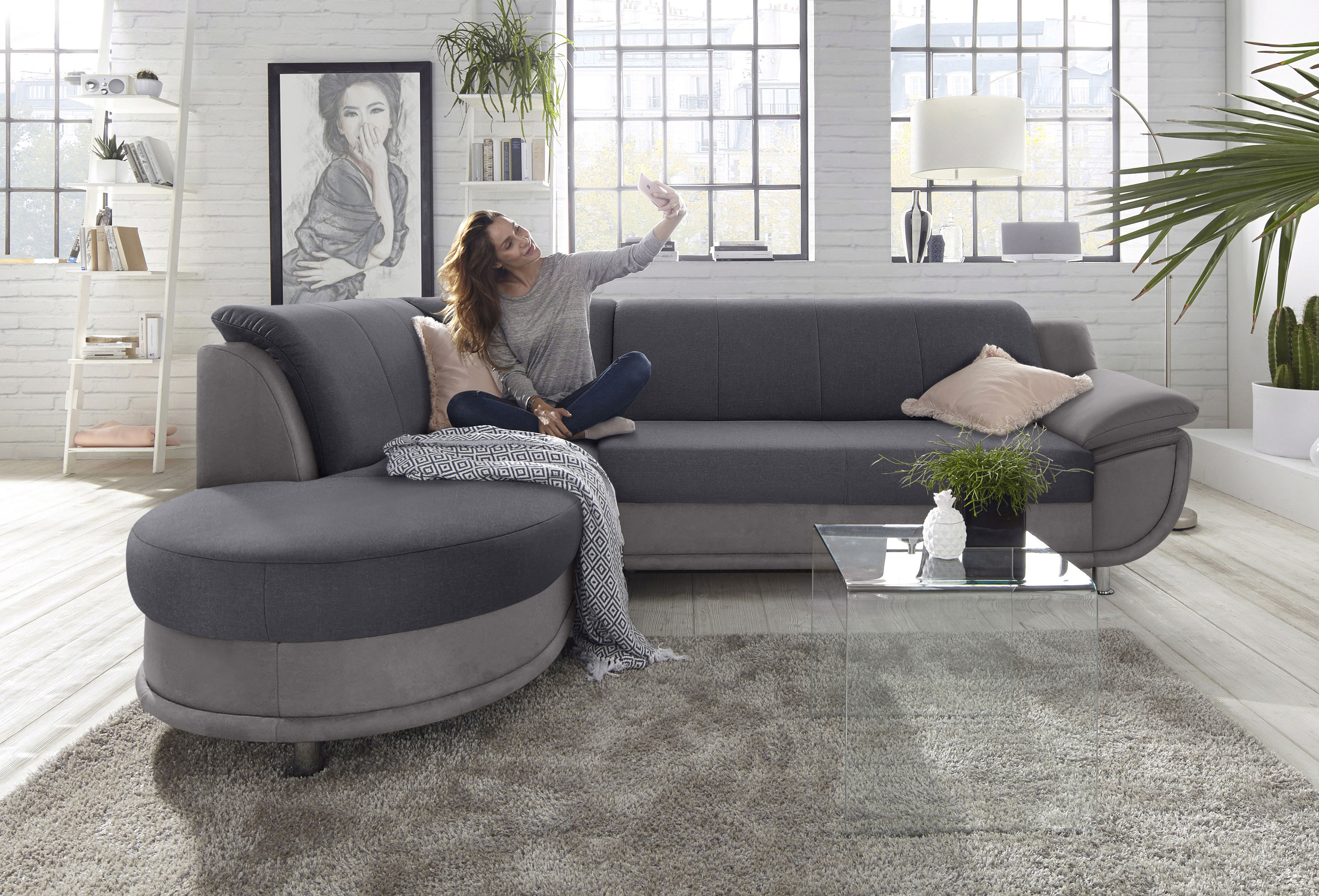 TRENDMANUFAKTUR Ecksofa "Rondo 3, zeitlos & bequem, Materialmix, L-Form, Breite 265cm" wahlweise mit Federkern für mehr Komfort, wahlweise mit Bettfunktion