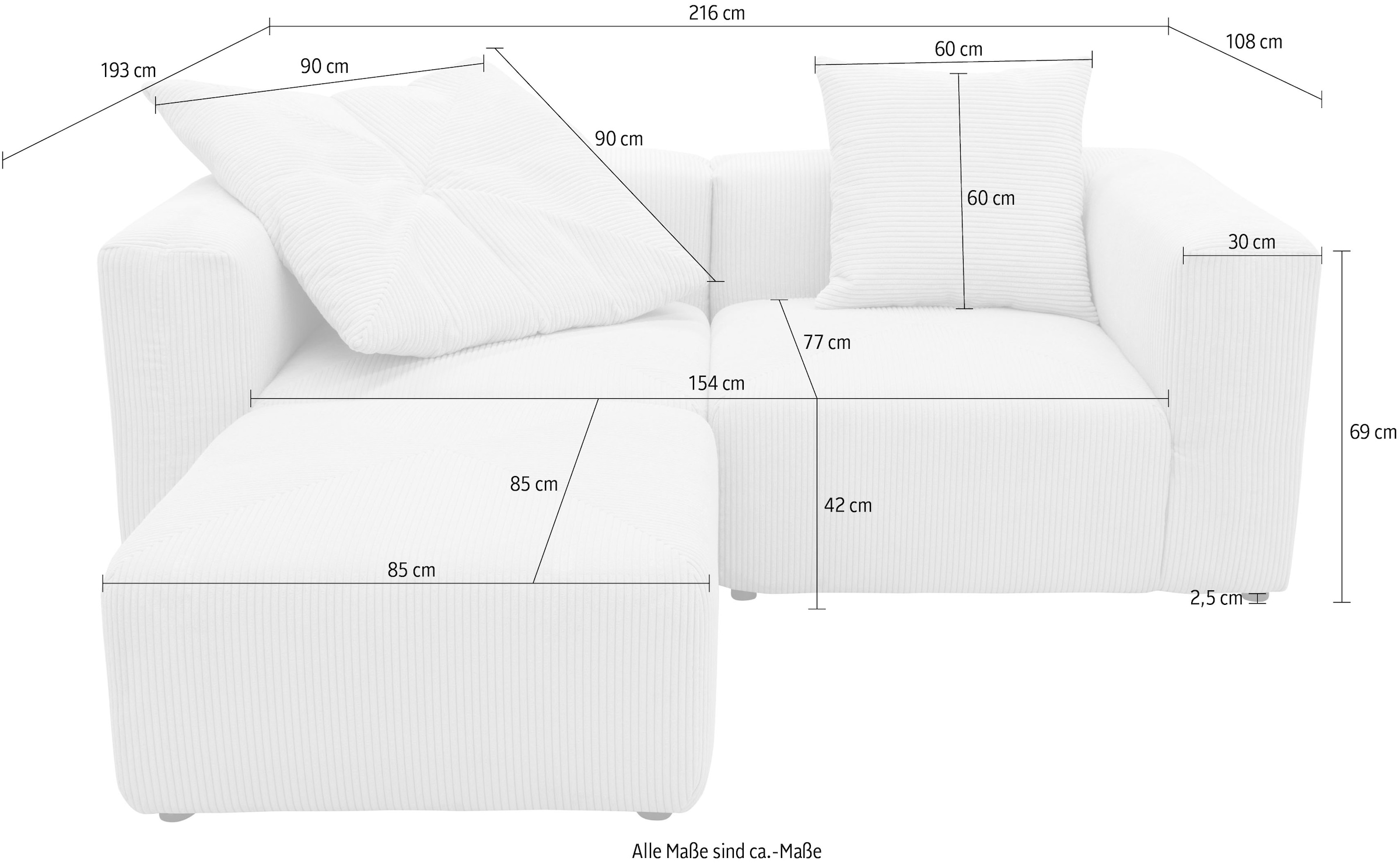 RAUM.ID Ecksofa »Gerrid L-Form«, Cord, Modulsofa, bestehend aus 2 Eckelementen + 1 Hocker