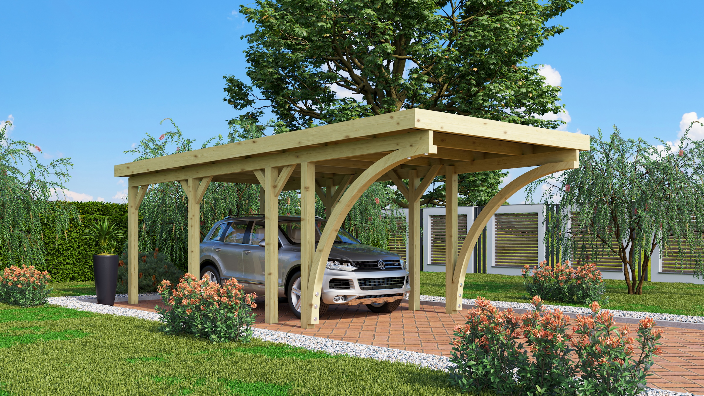 Karibu Einzelcarport ""Classic 2 SET" Stahl-Dach Variante C, mit zwei Einfahrtsbogen" Massivholz 250 cm KDI aus Masivholz