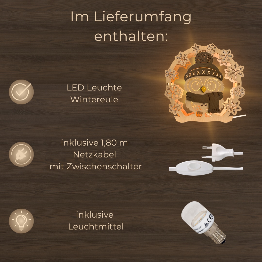 Weigla LED Dekolicht »Wintereule, zum stellen, aus Holz, NATUR-BRAUN« E14 Holzkunst aus dem Erzgebirge