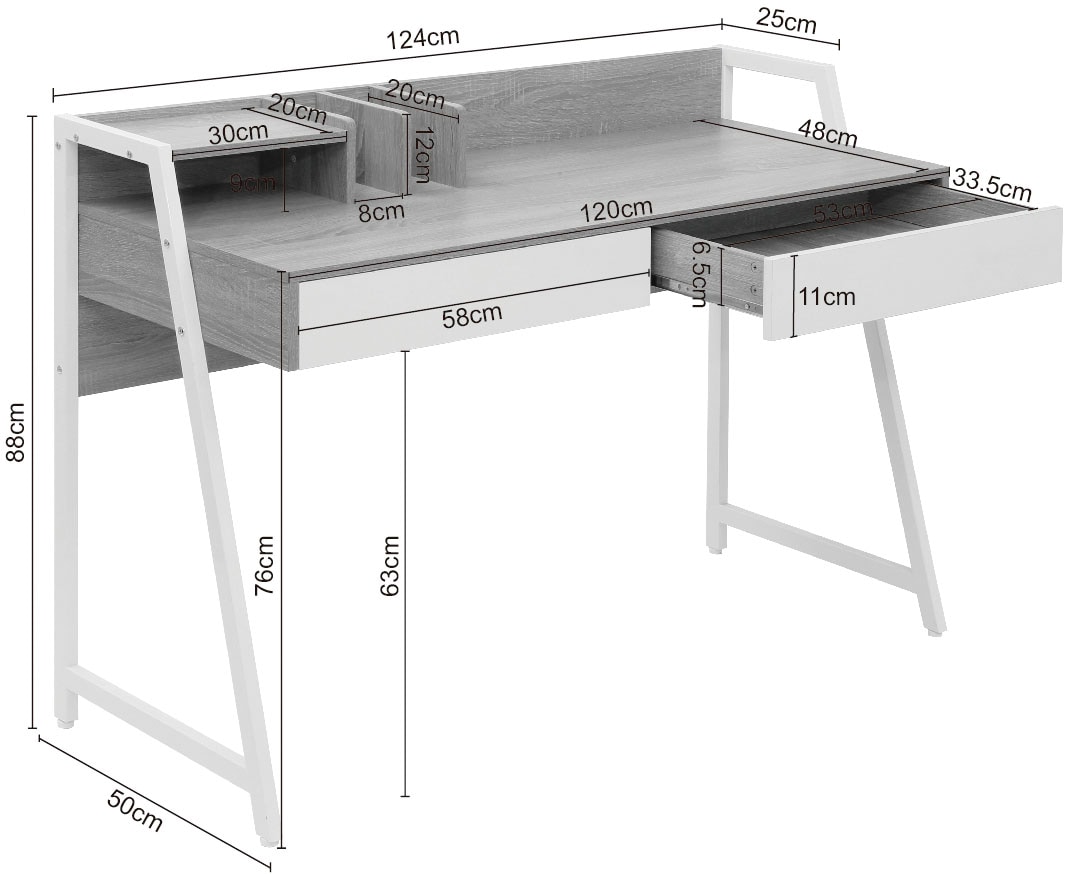 Home affaire Schreibtisch »Cowell«, (Breite 124 cm), 2 Schubladen, Ablage & integrierte Buchstützen, Metallgestell