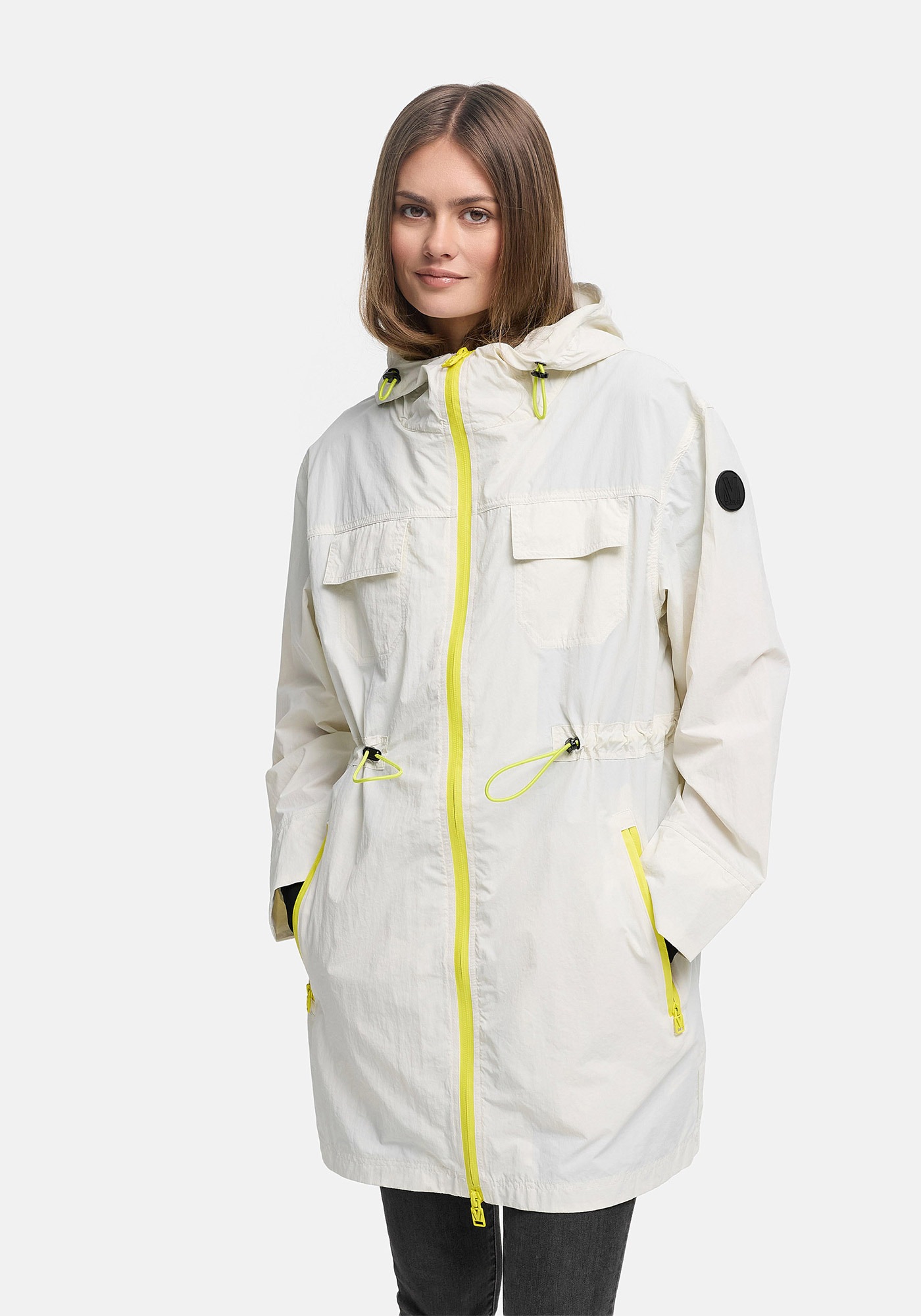 Marikoo Outdoorjacke "Trüffelbonbon" Langer Windbreaker mit Kordelzug und Kontrastreißverschluss