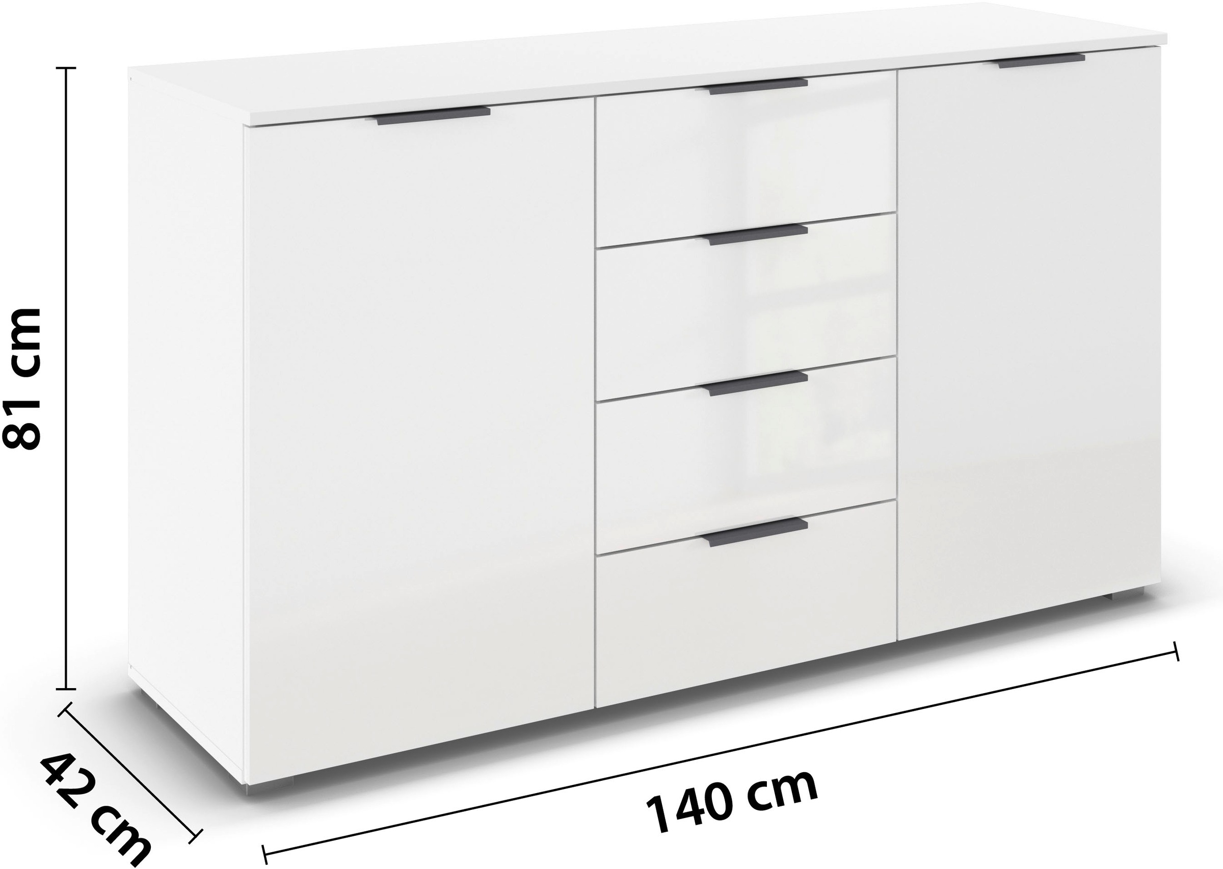 rauch Kombikommode »Sideboard Schubladenkommode AGORDO mit Dekor- oder Hochglanzfront«, (in zwei Griff-Farben), mit 4 Schubkästen und 2 Türen sowie Metallgriffen MADE IN GERMANY