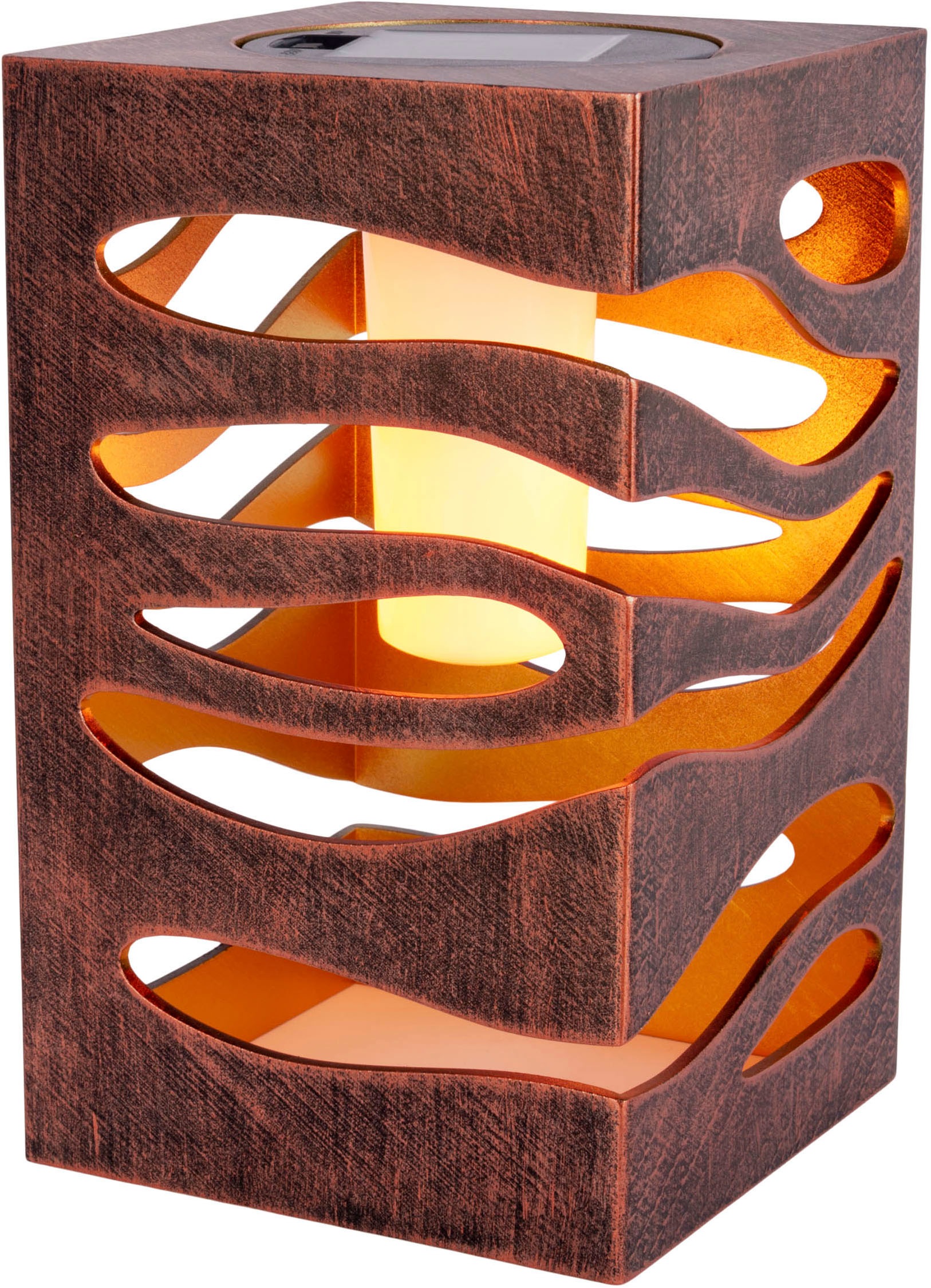 LED Solarleuchte NÄVE "Hilda", braun, B:12,3cm H:20cm L:12,3cm, Leuchten, quadratisch, gold/braune Marmoroptik, Flammeneffekt, Dämmerungssensor 3