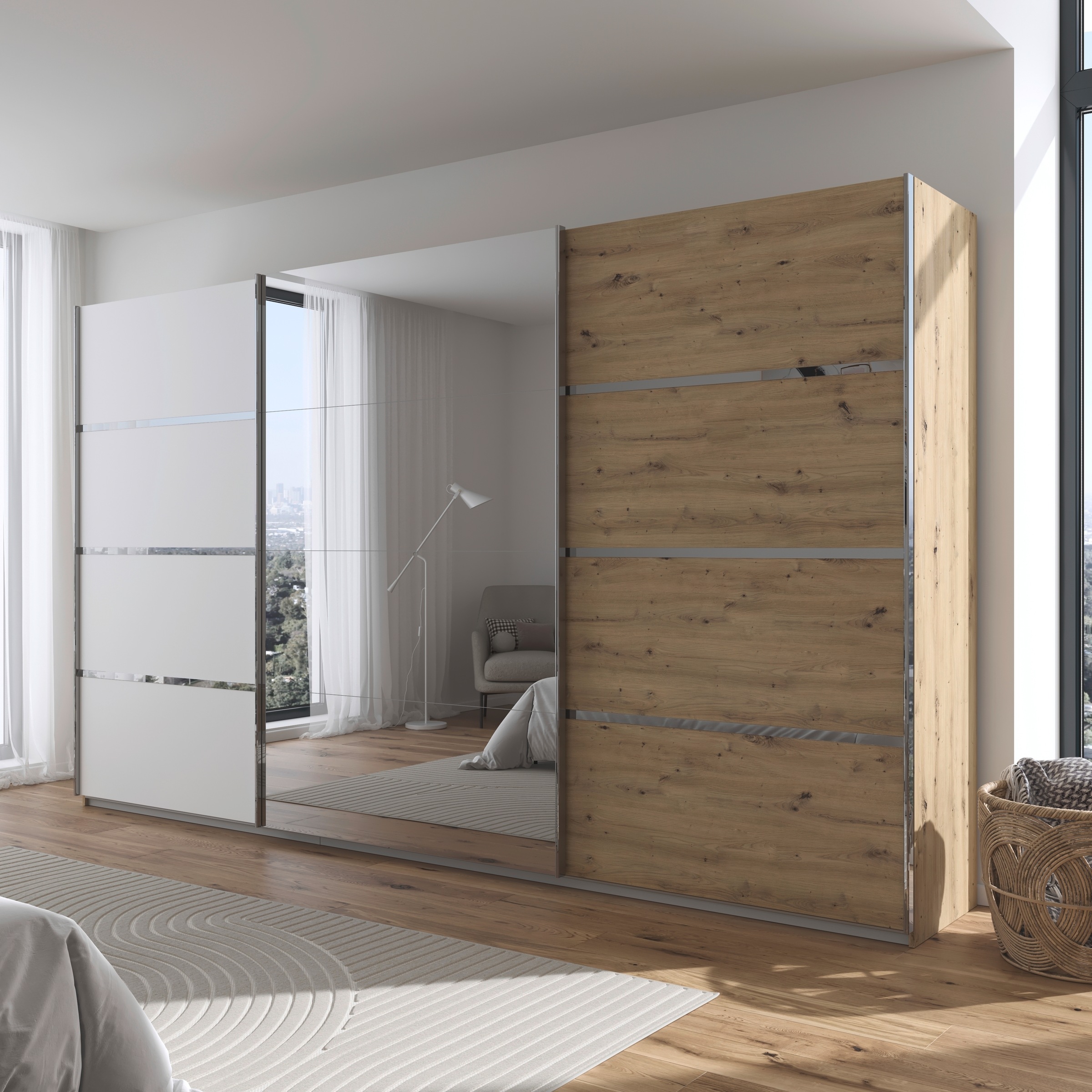 rauch Kleiderschrank »Schwebetürenschrank OTTO´s Choice Garderobe Schrank TOP ANGEBOT Avola«, (in 3 verschiedenen Ausstattungen BASIC/CLASSIC/PREMIUM inkl. Spiegel), mit eleganten Zierleisten in Chrom, Schwarz oder Weiß MADE IN GERMANY
