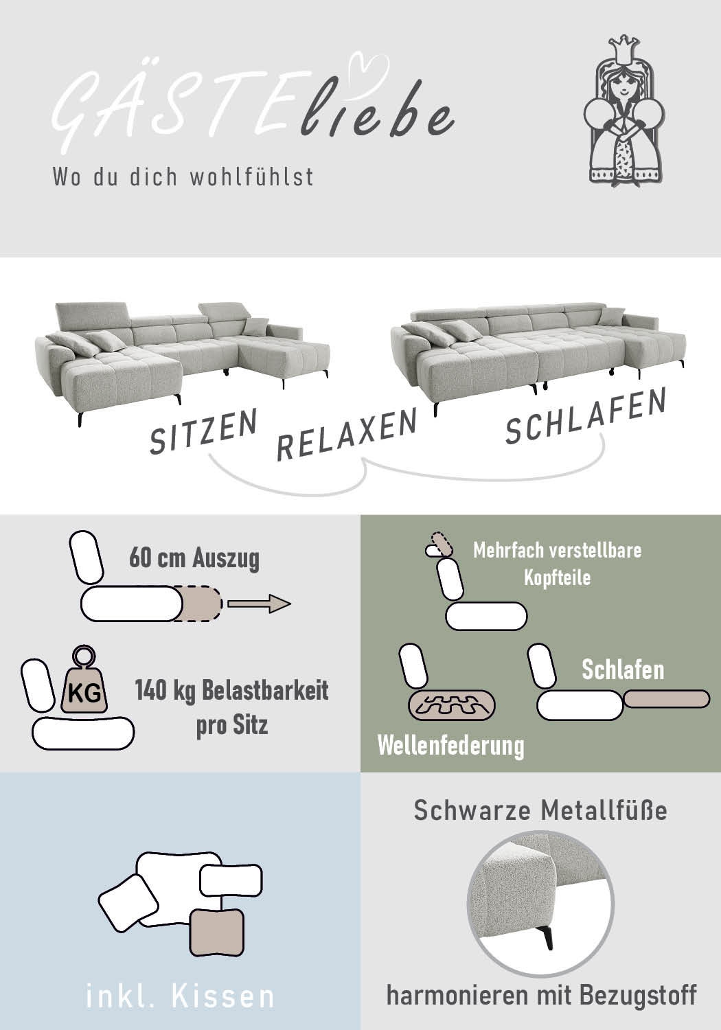 Jockenhöfer Gruppe Wohnlandschaft »Ultima, U-Form, B: 363cm, mit 60 cm elektrischer Sitztiefenverstellung« 140kg Belastbarkeit je Sitz, verstellbaren Kopfstützen, USB-Ports