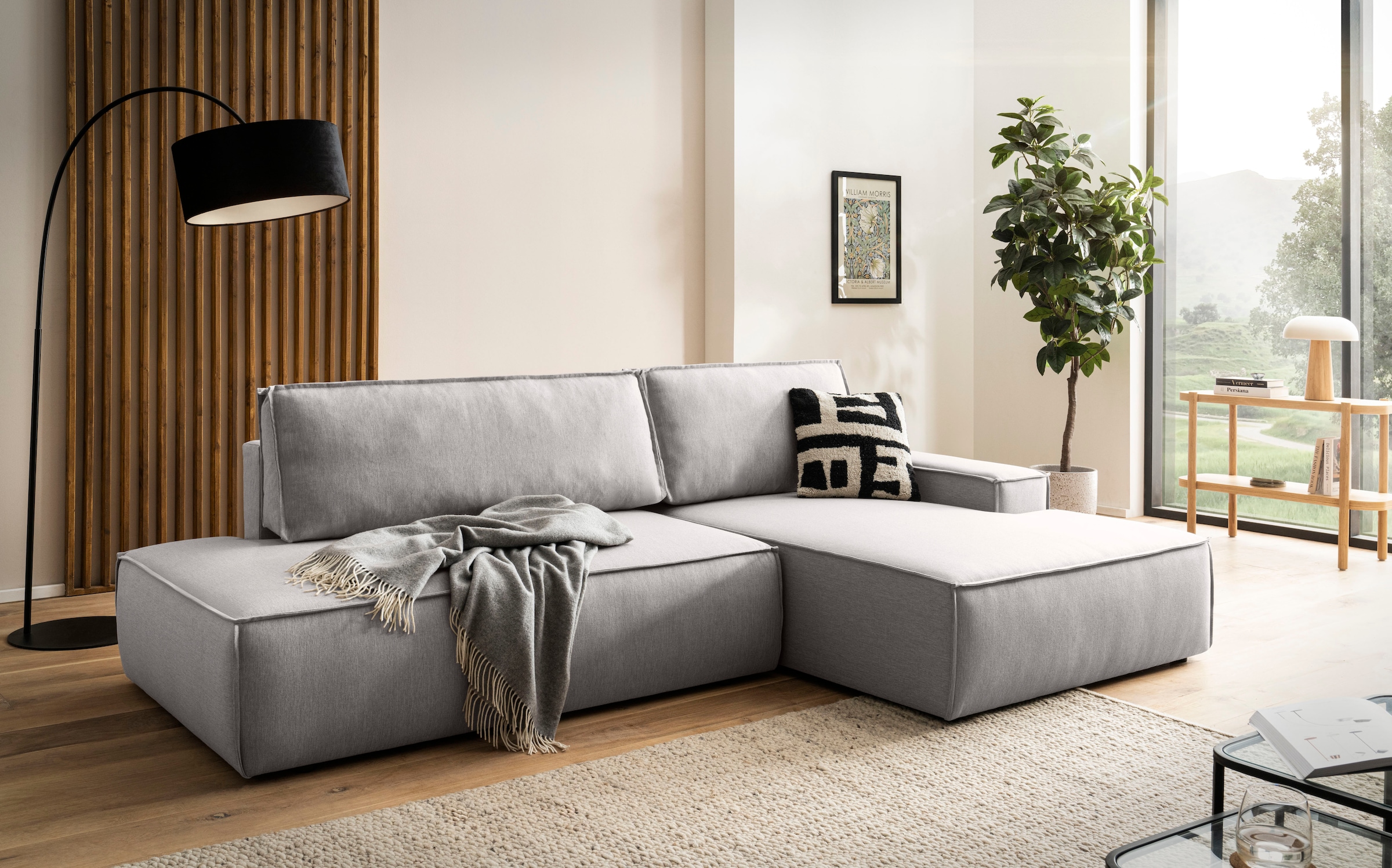 OTTO home Ecksofa "SHERWOOD Leinenoptik Schlafsofa in L-Form offen (275cm)" Schlaffunktion und Bettkasten, Kedernaht, hoher Sitz- & Liegekomfort