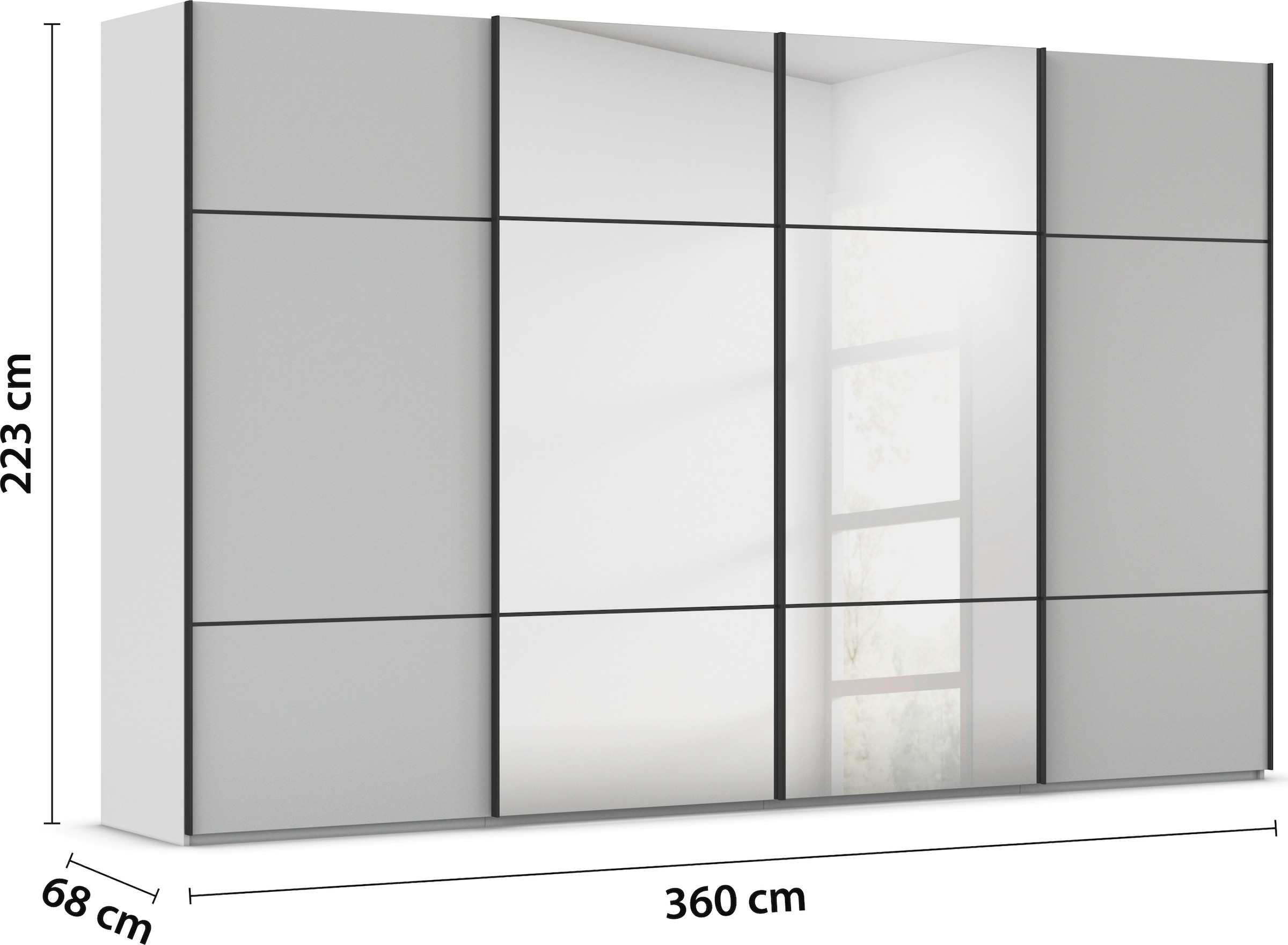 rauch Schwebetürenschrank »Kleiderschrank Schrank Garderobe Schlafzimmerschrank SCALE-TRIO«, edle dreigeteilte Front mit 2 Zierleisten und Spiegel MADE IN GERMANY