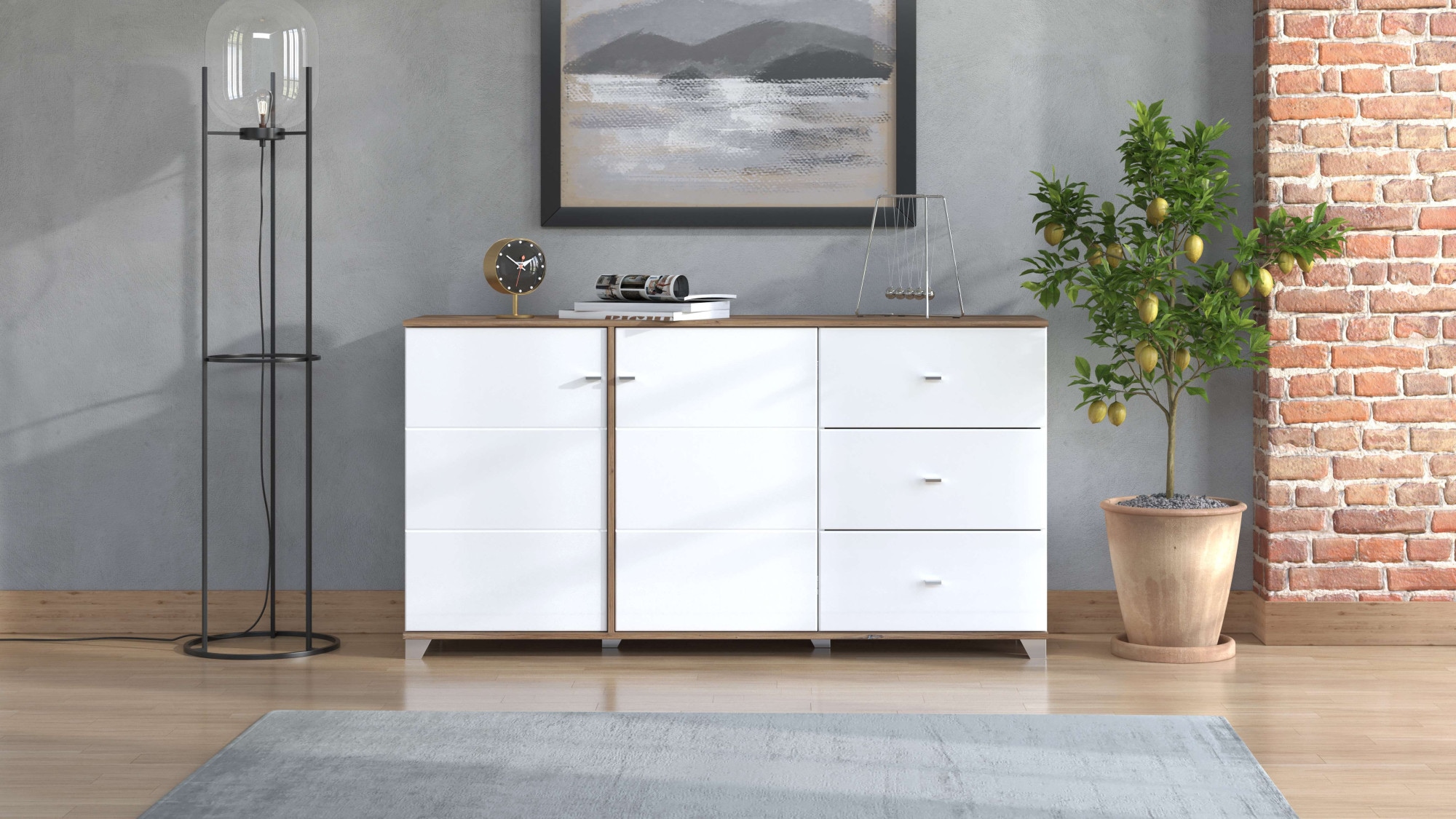 Home affaire Kommode "Burgundy Sideboard, Schubladenschrank, mit viel Stauraum" Hochglanzfronten und eine Innenausstattung in Flagstaff Eiche