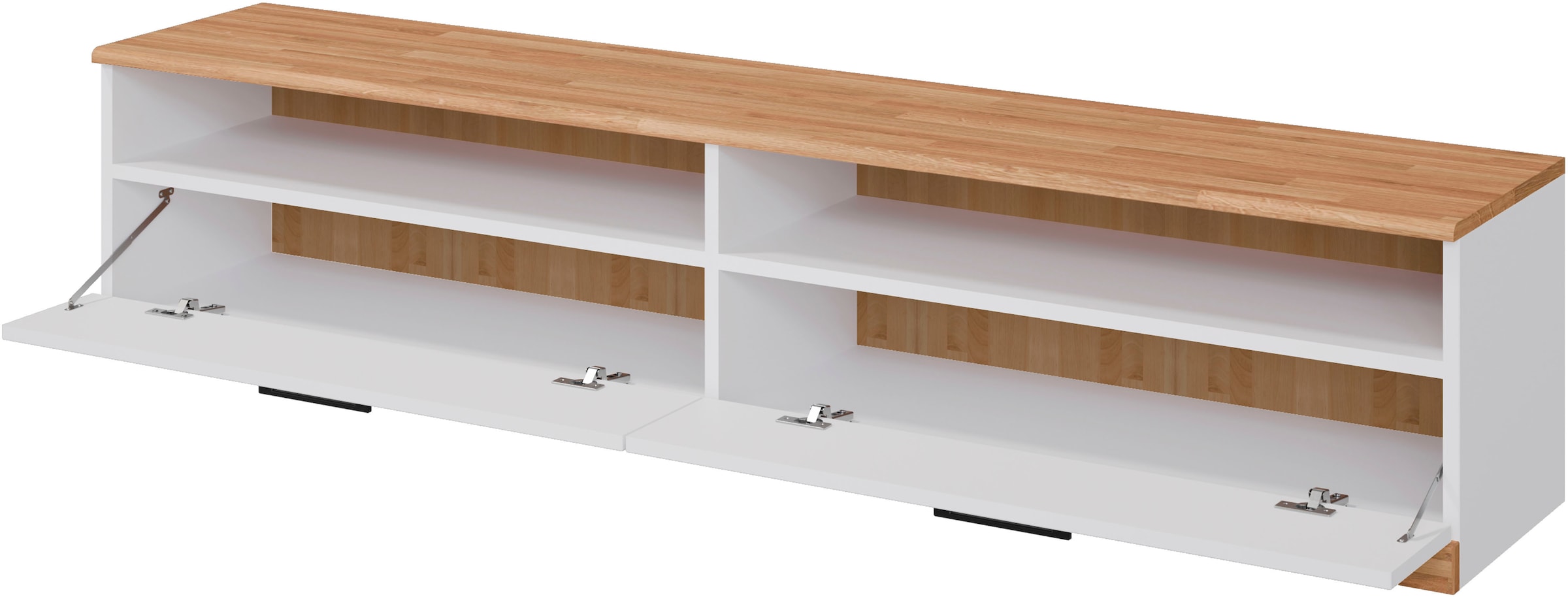 Home affaire Lowboard »Ribe,140cm breit,38cm hoch mit 2 Klappen«, Oberplatte Eiche massiv,schwarze Metall Griffe