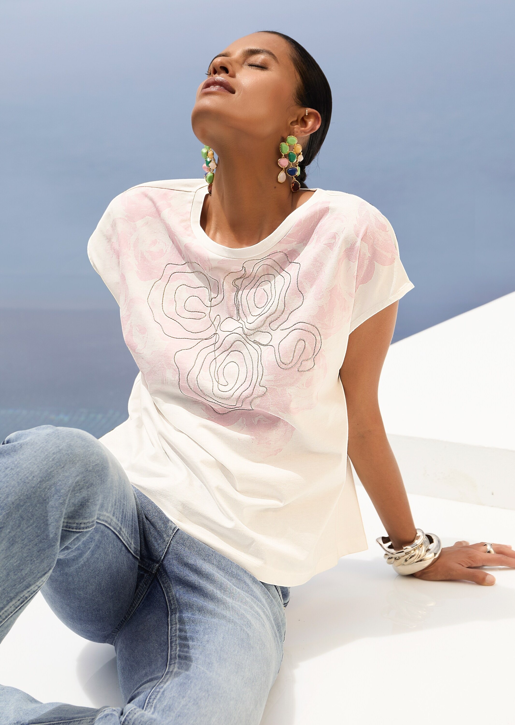 MADELEINE Kurzarmshirt »Blusenshirt Florales Print-Shirt, Rundhals und Kurzarm« Edle Kettendekoration