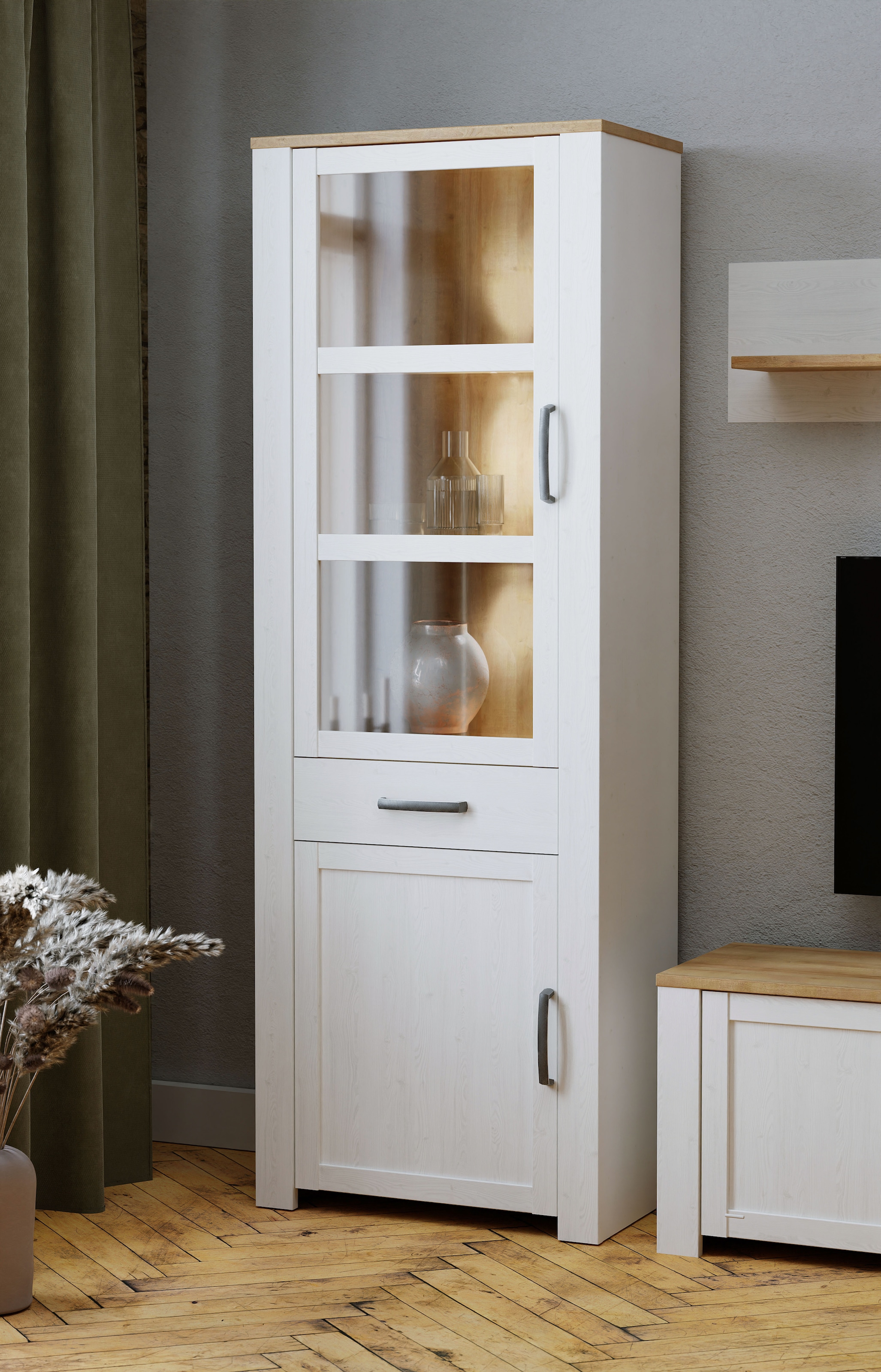 FORTE Highboard »Bohol, Vitrine, 1 Glastüre,1 SK, 1 Türe« B/H/T 71,7/205,4/42 cm Beleuchtung optional bestellbar