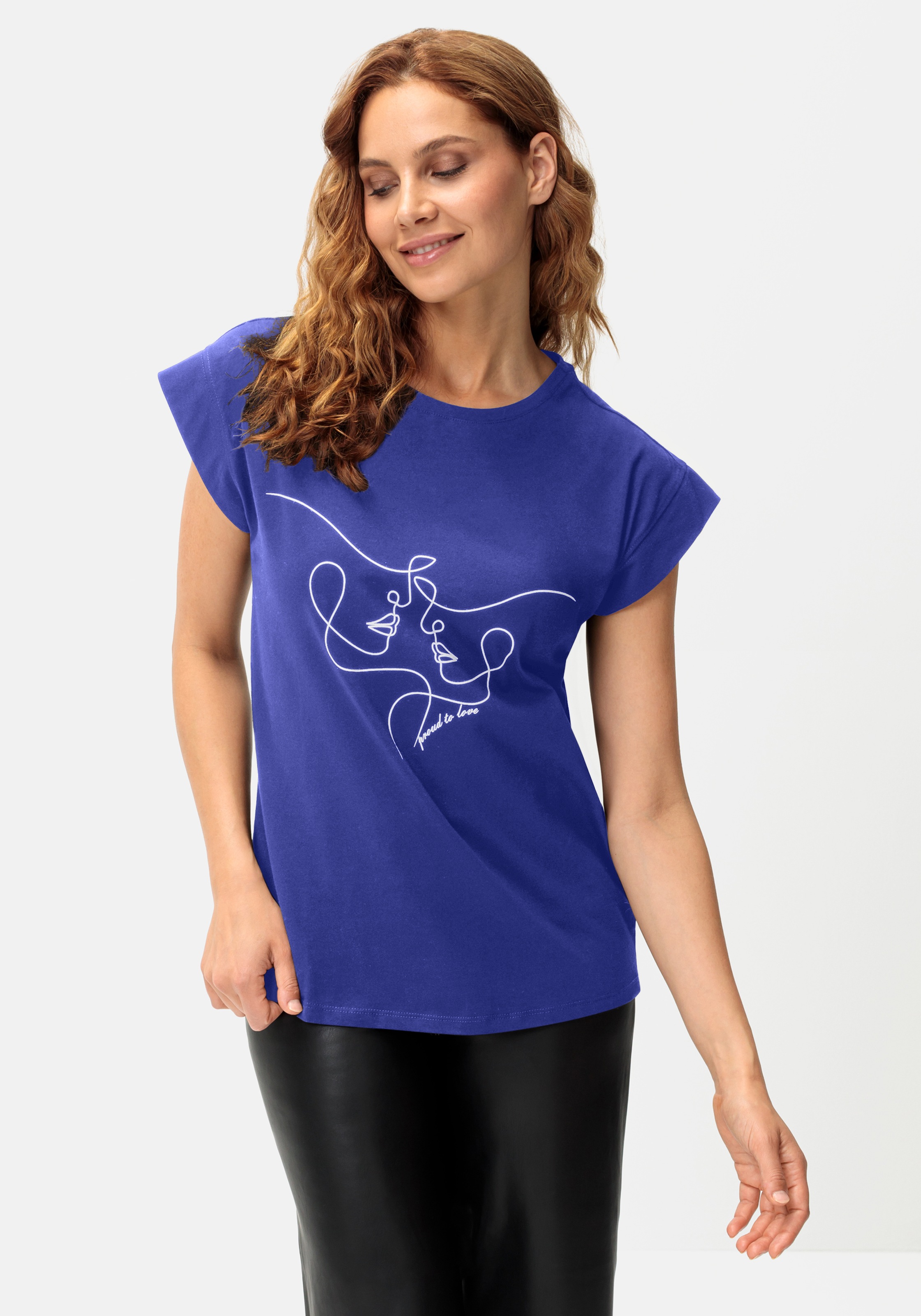 Kurzarmshirt LASCANA, Damen, Gr. 40/42, blau, Jersey, Obermaterial: 100% Baumwolle, unifarben mit Farbeinsatz, figurumspielend hüftlang, Rundhals, Shirts, mit Frontdruck, T-Shirt aus Baumwolle, Printshirt, Basic