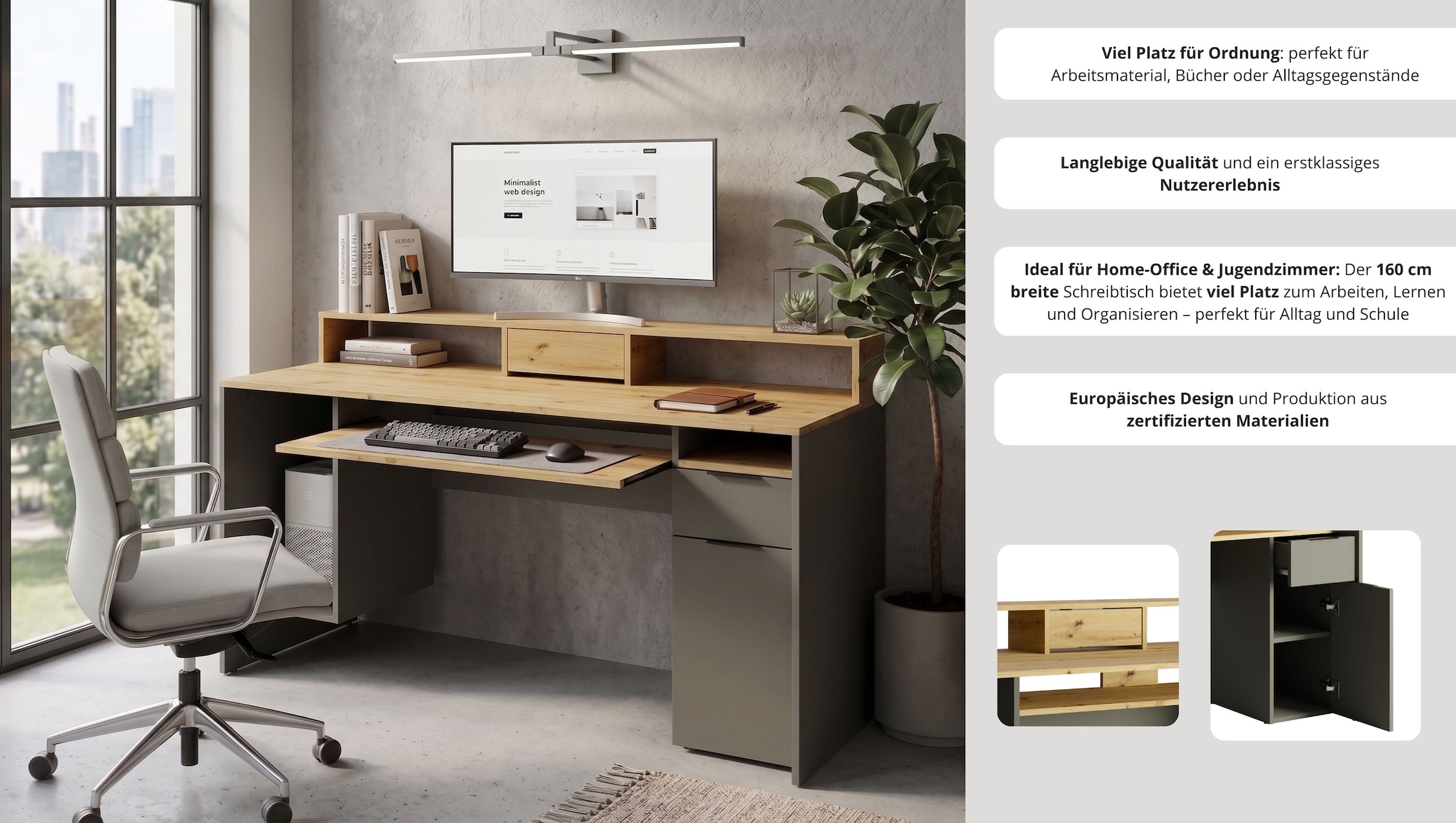 OTTO home Schreibtisch »Peoria Computertisch mit Monitoraufsatz, Tastaturauszug & Towerfach« Büroschreibtisch, Gamingtisch mit Schublade, modern, Breite 160 cm