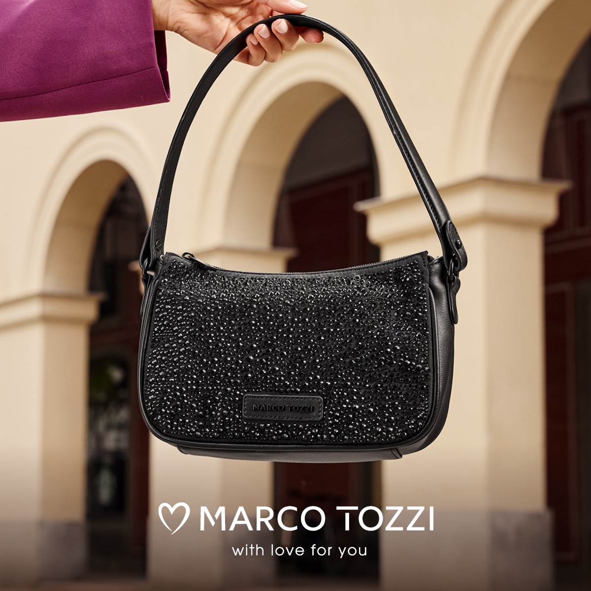 MARCO TOZZI Umhängetasche, Damen Schultertasche, Abendtasche mit funkelnden Strasssteinen