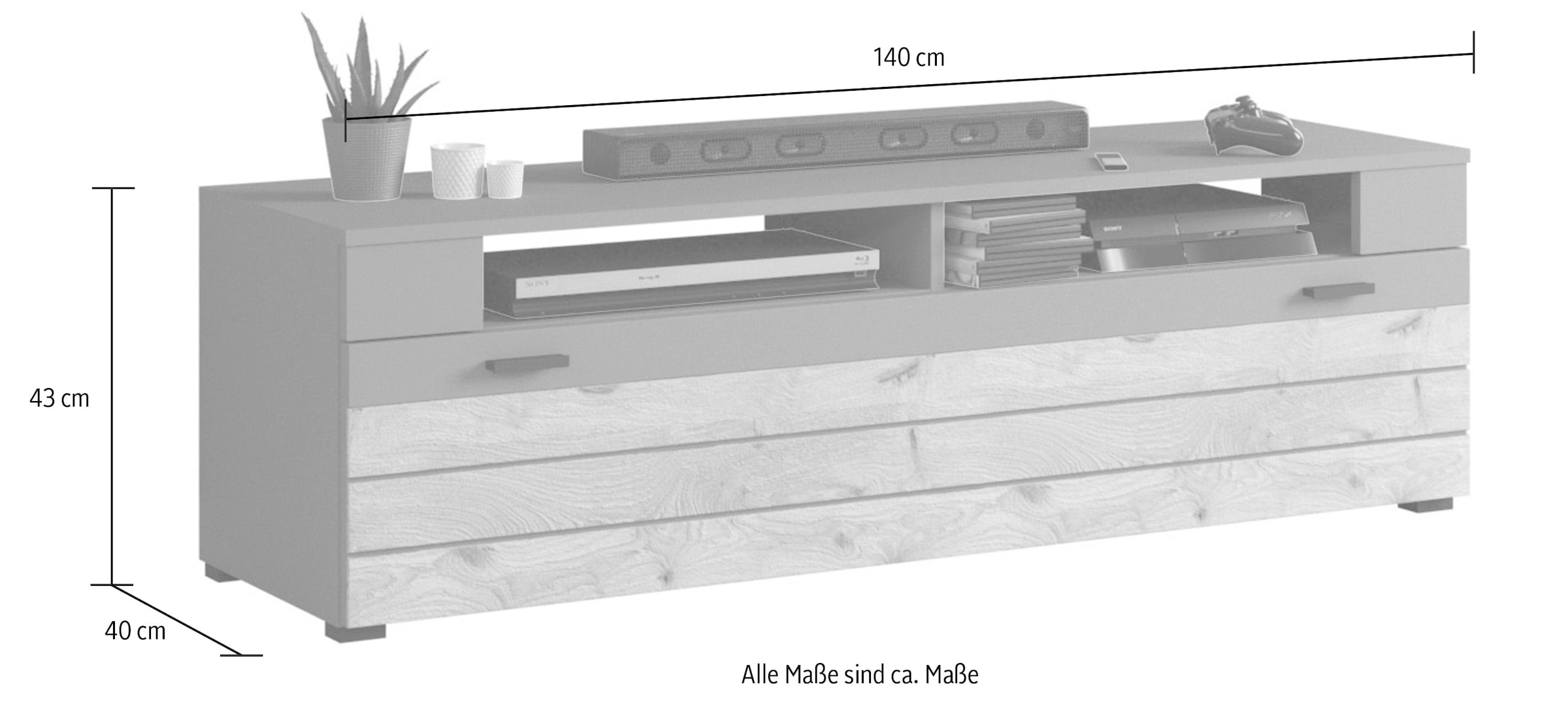 INOSIGN Lowboard »Aalborg, Breite 140 cm, 1 Klappe, 2 offene Fächer, Metallgriffe«, TV-Möbel, TV-Schrank, TV-Lowboard, Mediaboard, Wohnmöbel