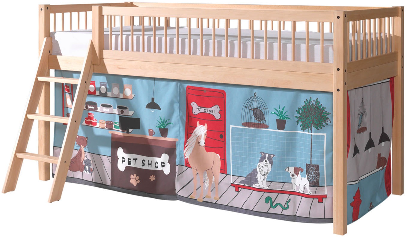 Vipack Spielbett »Forrest, Absturzschutz mit Sprossen-Optik, Pfostenstärken ca. 50x50mm« Buche natur lackiert, stabil und hochwertig gebaut, inkl. Lattenrost,  90/200 cm, inkl. Vorhang-Set 3-tlg., Spielbereich unter dem Bett