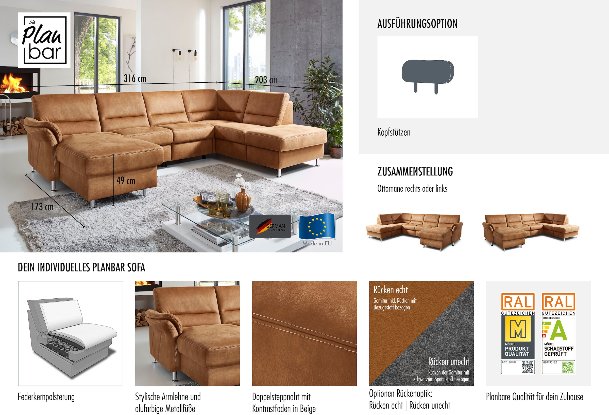 Die PlanBar Wohnlandschaft Wahlweise mit Kopfstützen und echt bezogenem Rücken