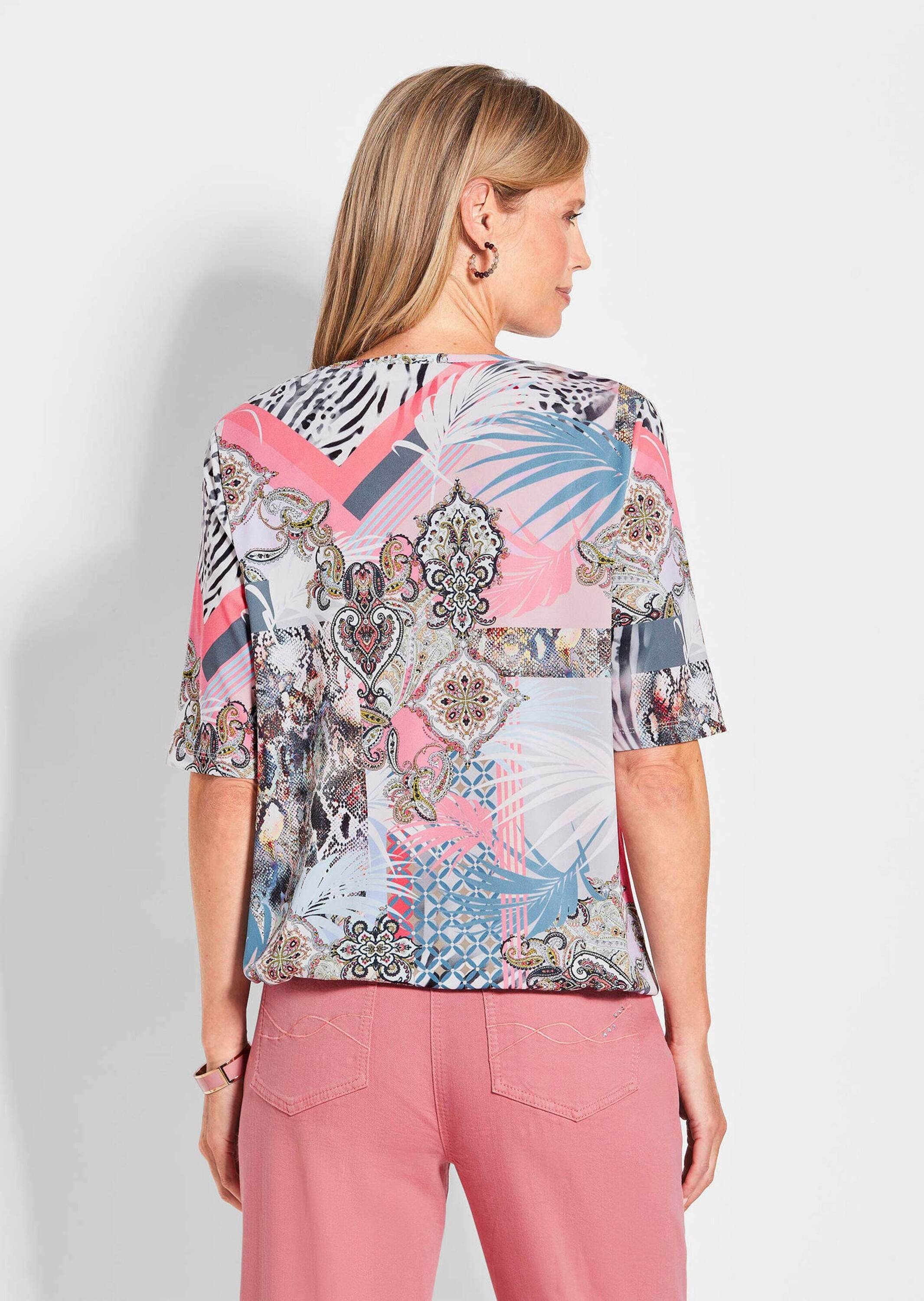 GOLDNER Print-Shirt »Kurzgröße Elegantes Oberteil mit Wasserfallausschnitt«